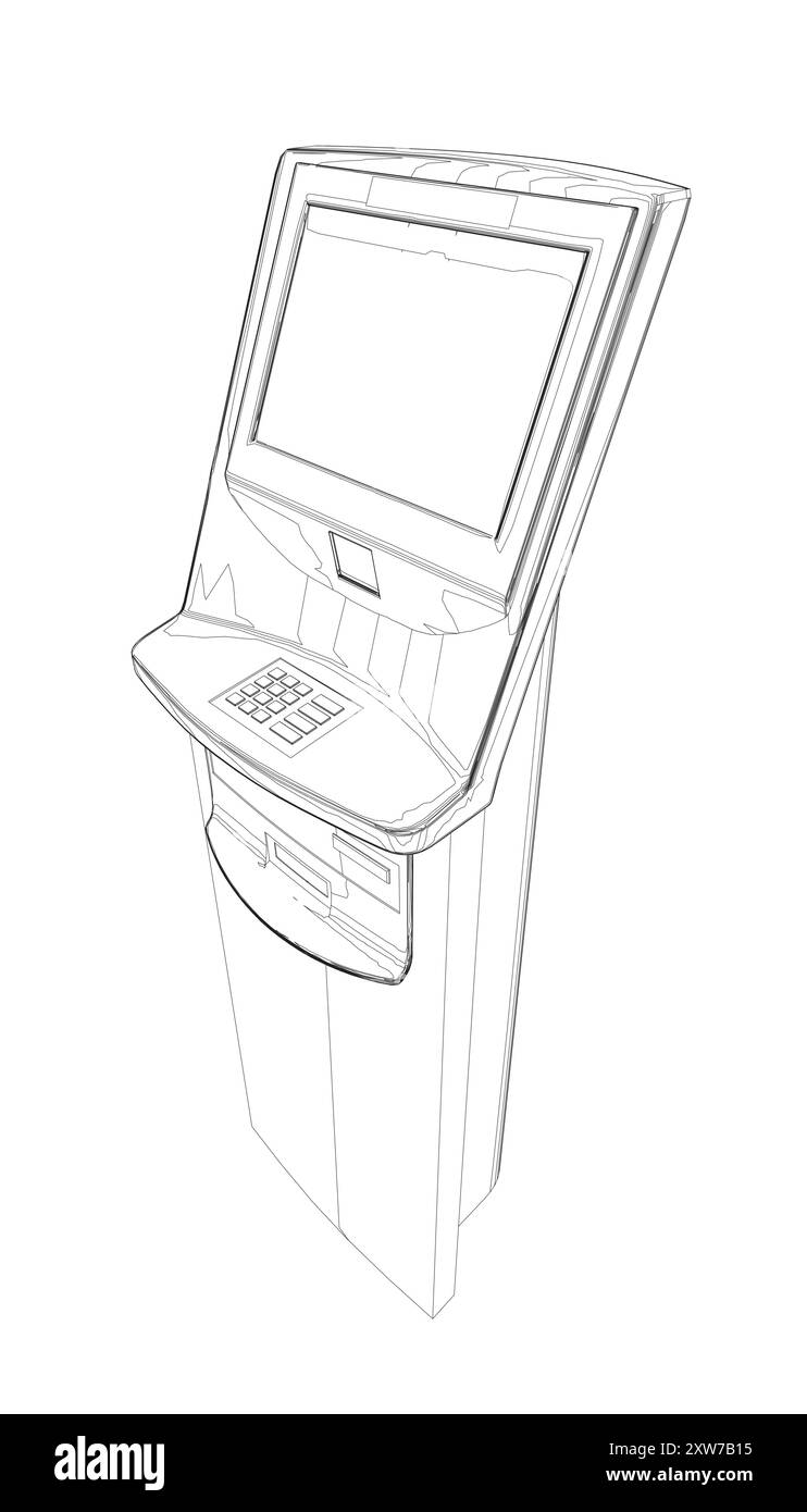 ATM contour avec affichage. Terminal bancaire pour la transaction, retirer de l'argent et déposer sur le compte. Illustration vectorielle de distributeur automatique de billets avec copie Illustration de Vecteur
