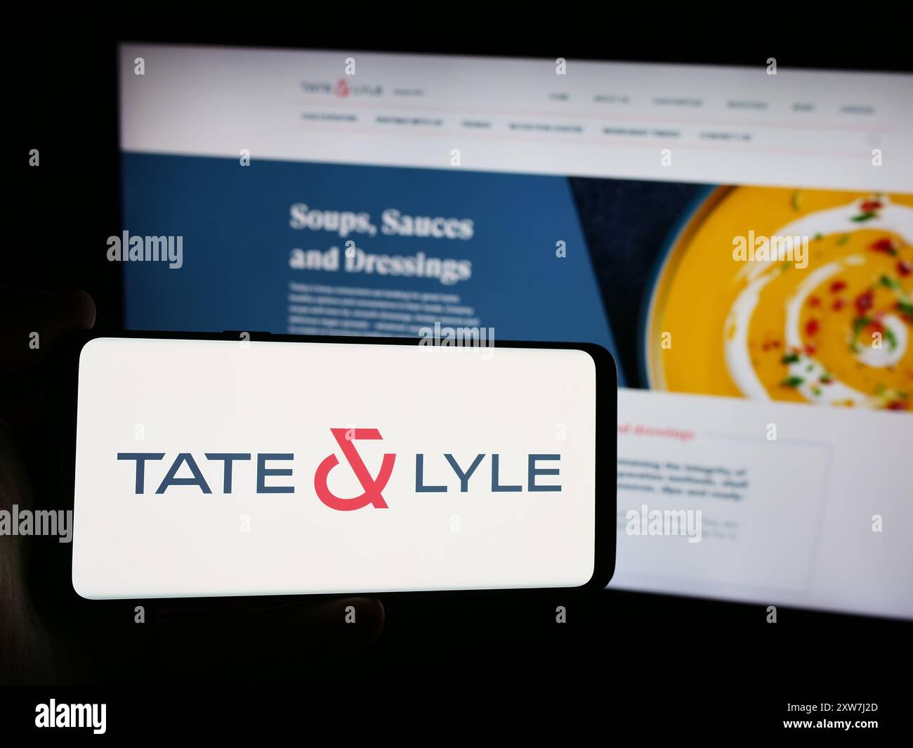 Personne tenant un smartphone avec le logo de la société britannique de transformation des aliments Tate et Lyle plc en face du site Web. Concentrez-vous sur l'affichage du téléphone. Banque D'Images