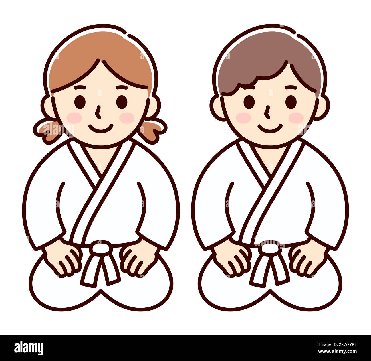 Enfants de dessin animé mignon dans l'uniforme d'arts martiaux (GI) assis sur le sol style de saisie. Garçons et filles karaté, aikido, étudiants de judo. Dessin simple, vecteur cl Illustration de Vecteur