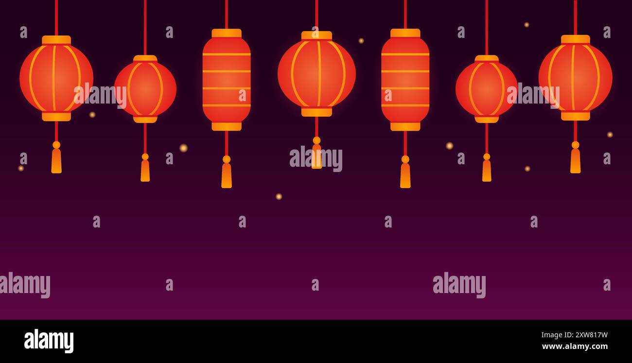 Lanternes traditionnelles chinoises en papier rouge sur fond de nuit sombre. Illustration de conception de bannière vectorielle. Illustration de Vecteur