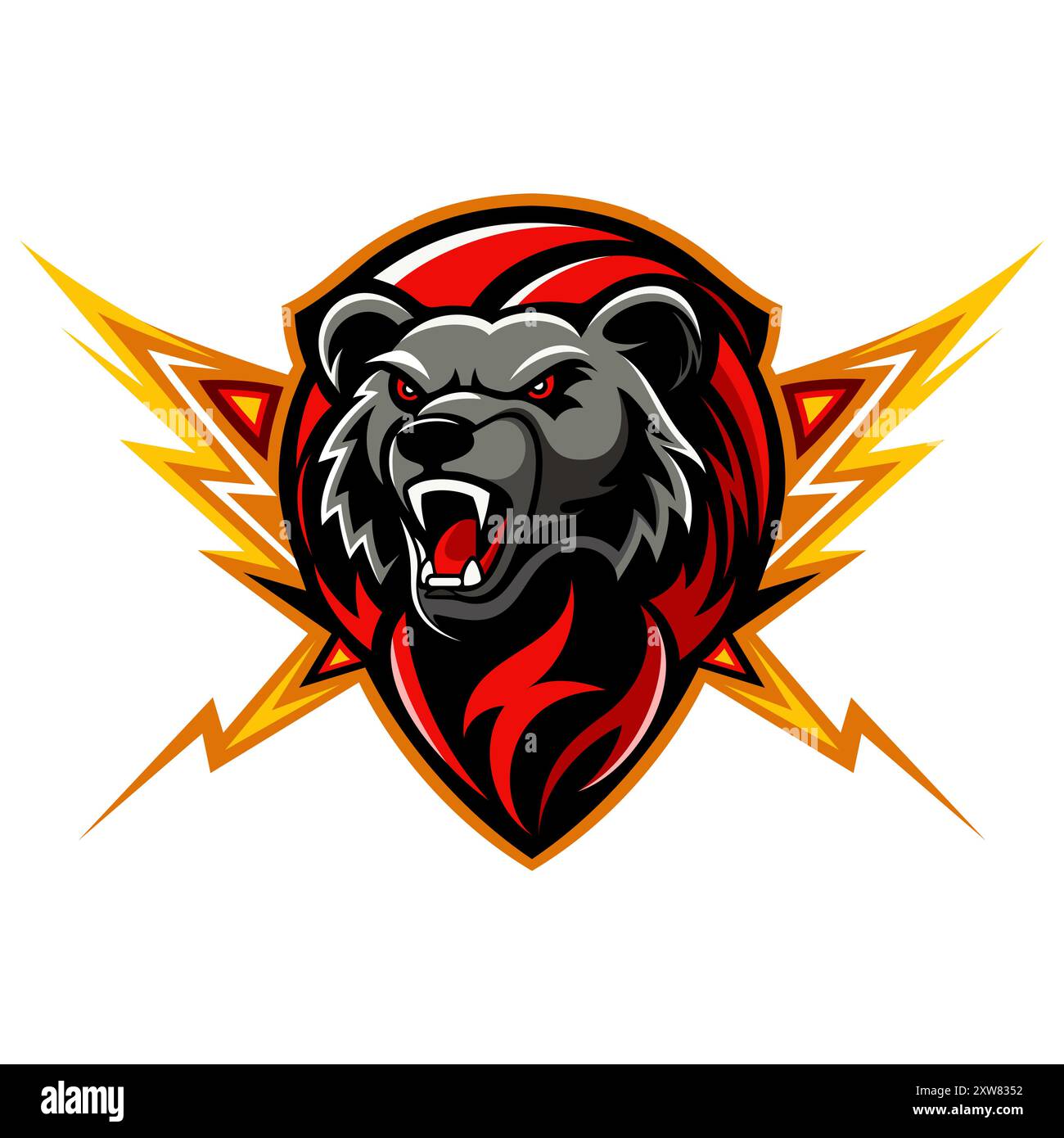 Un logo d'ours sur un bouclier avec un éclair autour de lui, un logo d'équipe de basket-ball, une équipe de football ou une mascotte d'équipe sportive. design plat vectoriel graphique. Illustration de Vecteur