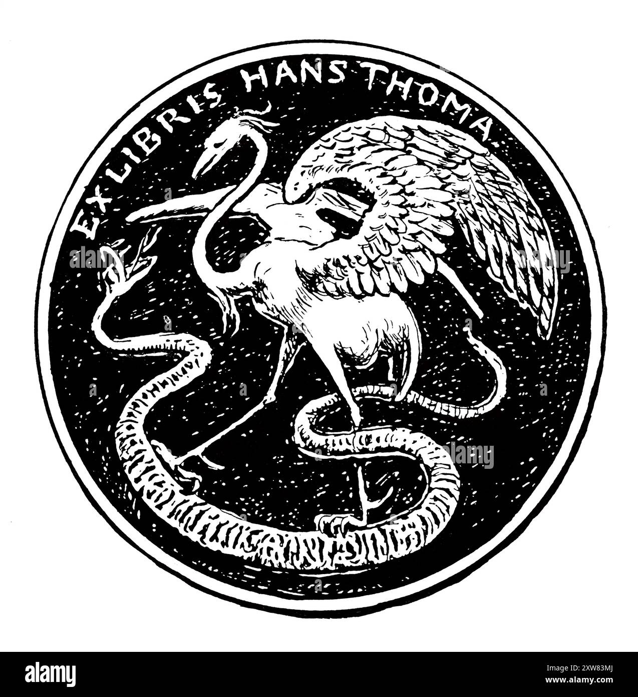 1896 conception de bibliothèque personnelle cigogne et serpent par le peintre allemand Hans Thoma Banque D'Images