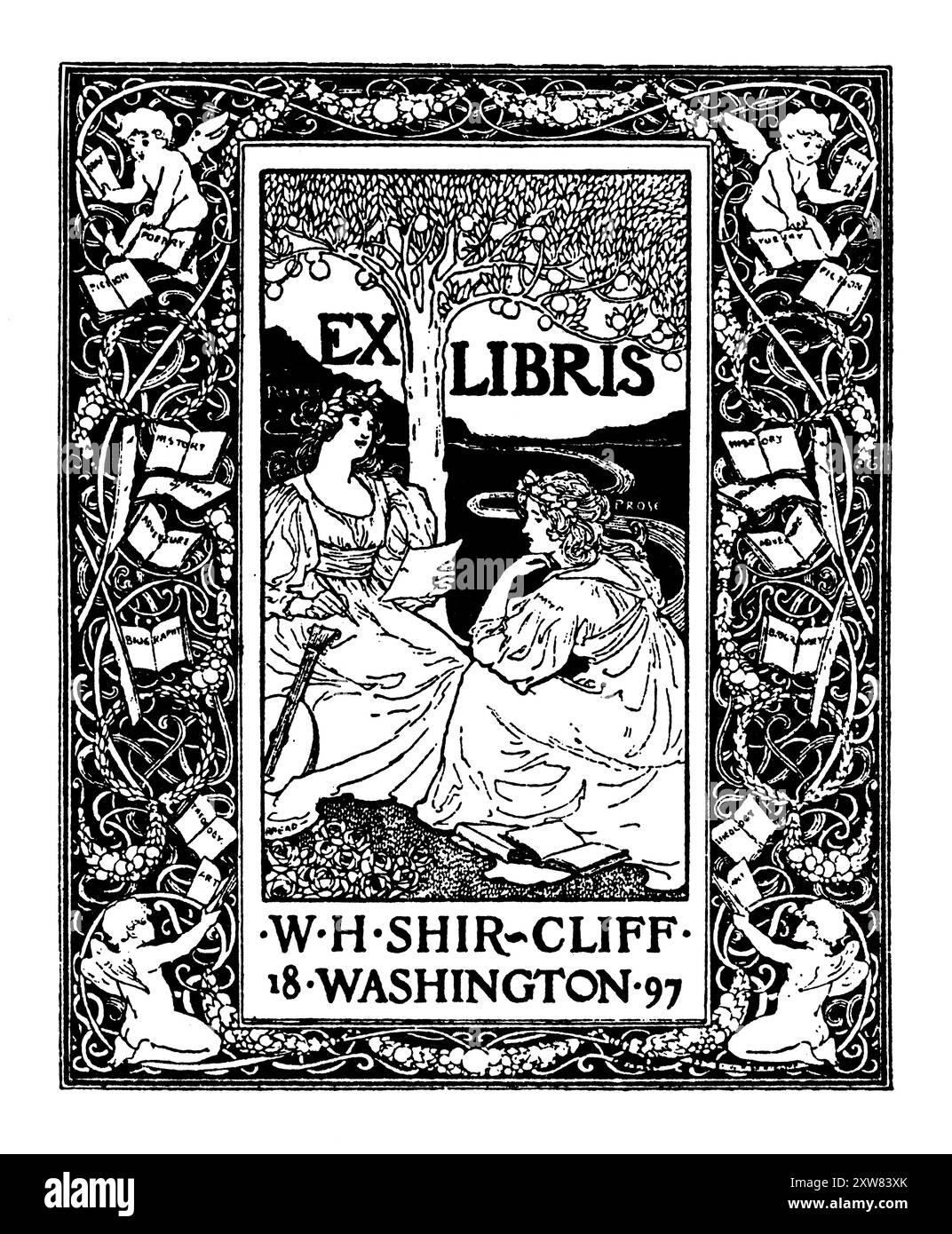 1897 femmes lisant, avec guitare dans le jardin sous l'arbre de la bibliothèque de connaissance pour W H Shir-Cliff de Washington, par l'artiste américain d'origine britannique Louis JO Banque D'Images