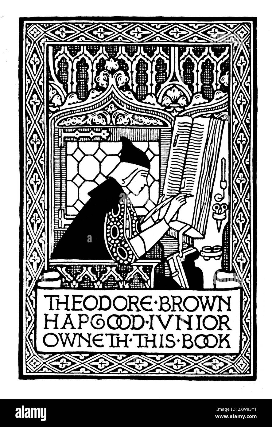 Bibliothèque de scribe médiévale des années 1890 pour son fils Theodore Brown Hapgood Junior par l'artiste américain, illustrateur du Massachusetts, Theodore Brown Hapgood Banque D'Images