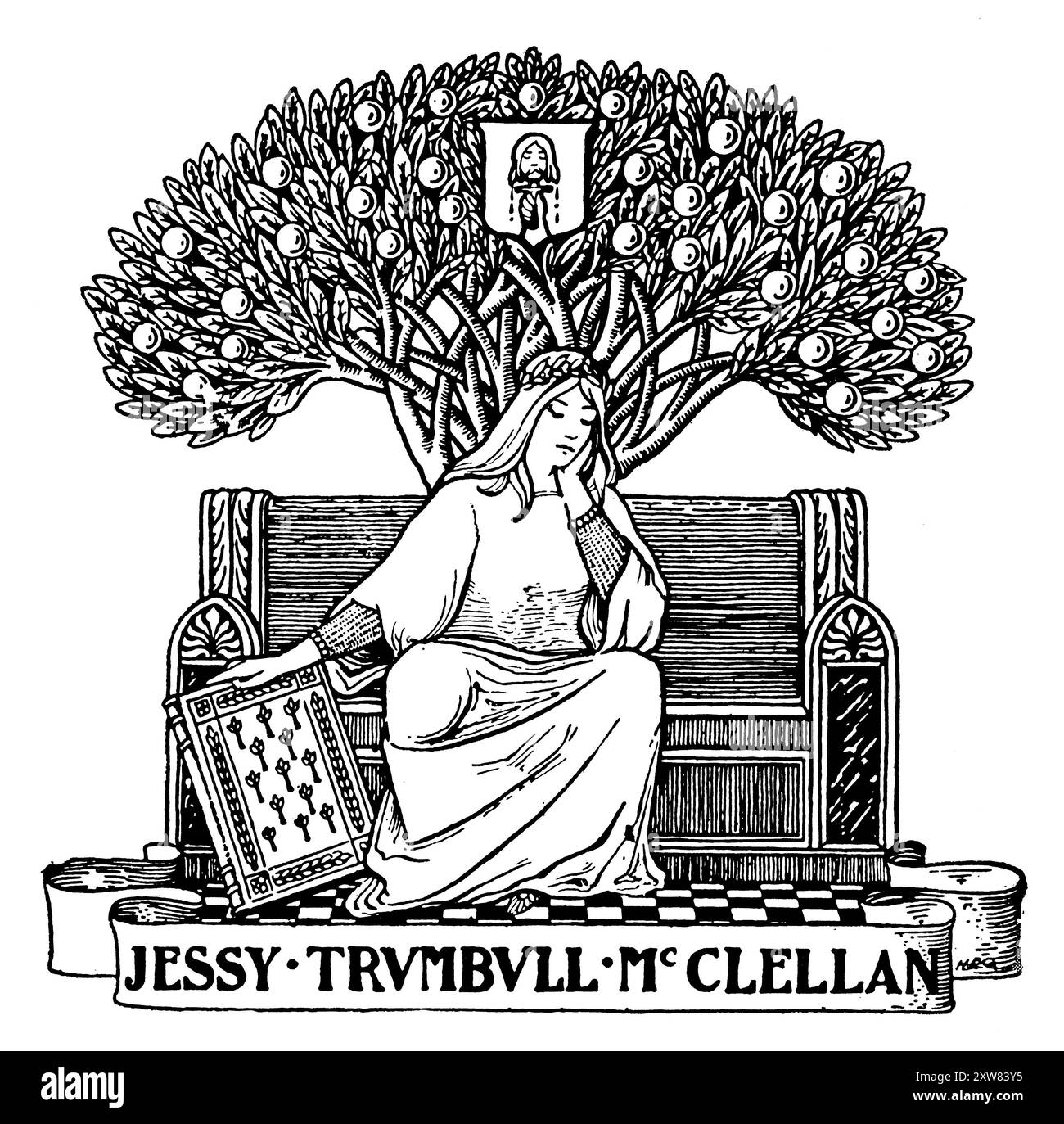 1897 femme avec livre dans le jardin sous l'arbre de la bibliothèque de connaissance pour Jessy Trumbull McClellan par l'artiste américain Harry Edlredge Goodhue Banque D'Images