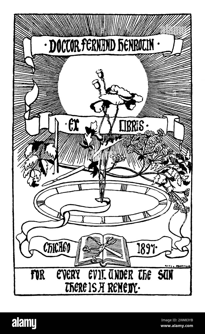 Bibliothèque du soleil levant de 1897 pour le médecin chirurgien Ferdinand Henrotin de Chicago par l'artiste américaine Mary Prendeville Banque D'Images Bibliothèque du soleil levant de 1897 pour le médecin chirurgien Ferdinand Henrotin de Chicago par l'artiste américaine Mary Prendeville Banque D'Images