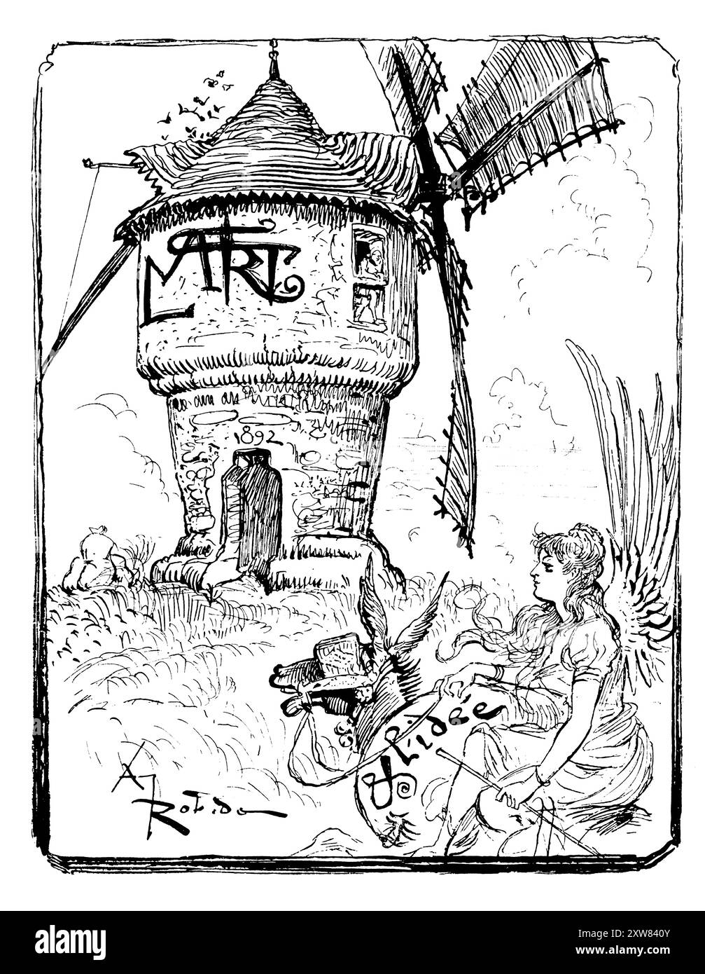 Bibliothèque de moulin à vent de 1892 par l'illustrateur, graveur, lithographe, caricaturiste et romancier français Albert Robida Banque D'Images