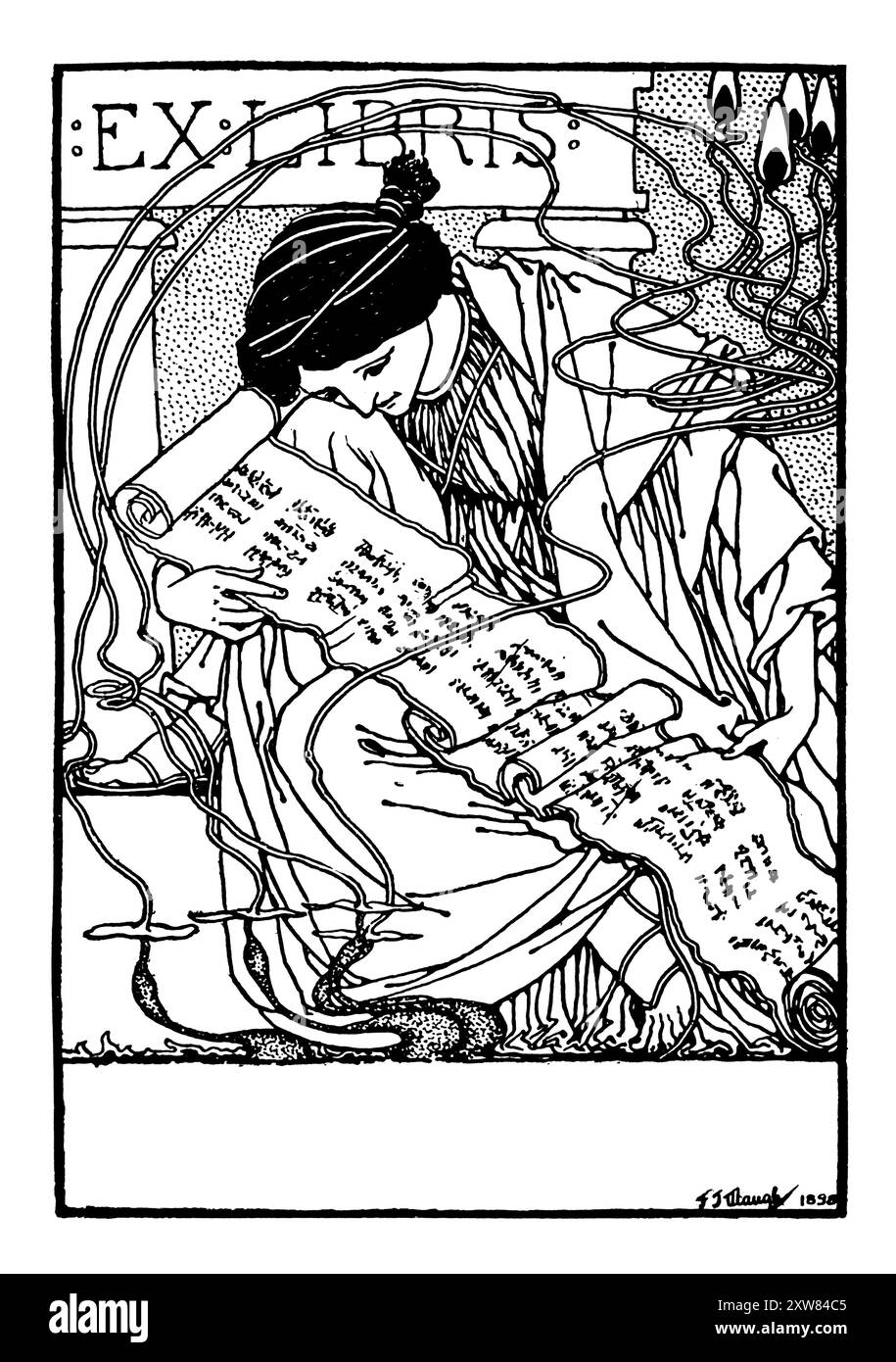 1898 Girl Reading Scroll Art Nouveau bibliothèque avec plaque signalétique vierge, conçu par J J Waugh Banque D'Images 1898 Girl Reading Scroll Art Nouveau bibliothèque avec plaque signalétique vierge, conçu par J J Waugh Banque D'Images
