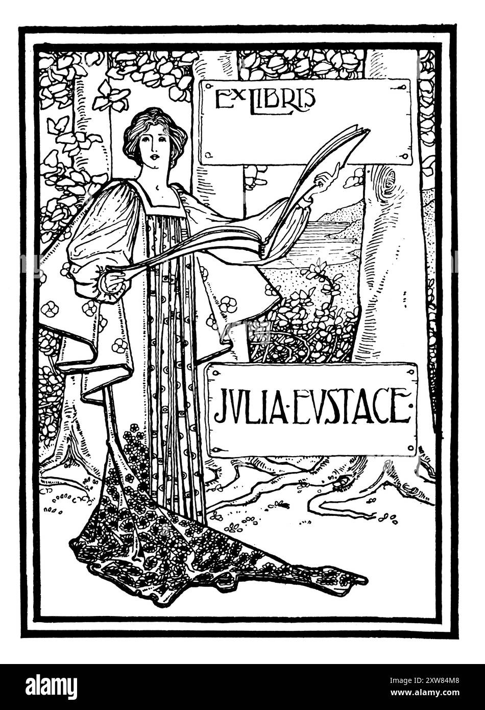1898 femme dans une bibliothèque boisée pour Julia Eustace conçu par Margaret E Thompson, créatrice de poterie Doulton Banque D'Images 1898 femme dans une bibliothèque boisée pour Julia Eustace conçu par Margaret E Thompson, créatrice de poterie Doulton Banque D'Images