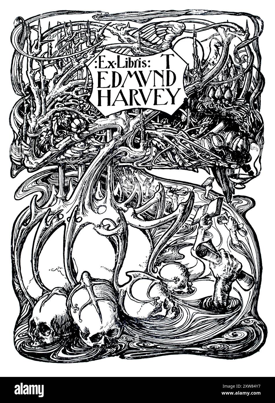 1897 conception de la bibliothèque pour T Edmund Harvey, par Liverpool graveur Cyril R Goldie Banque D'Images