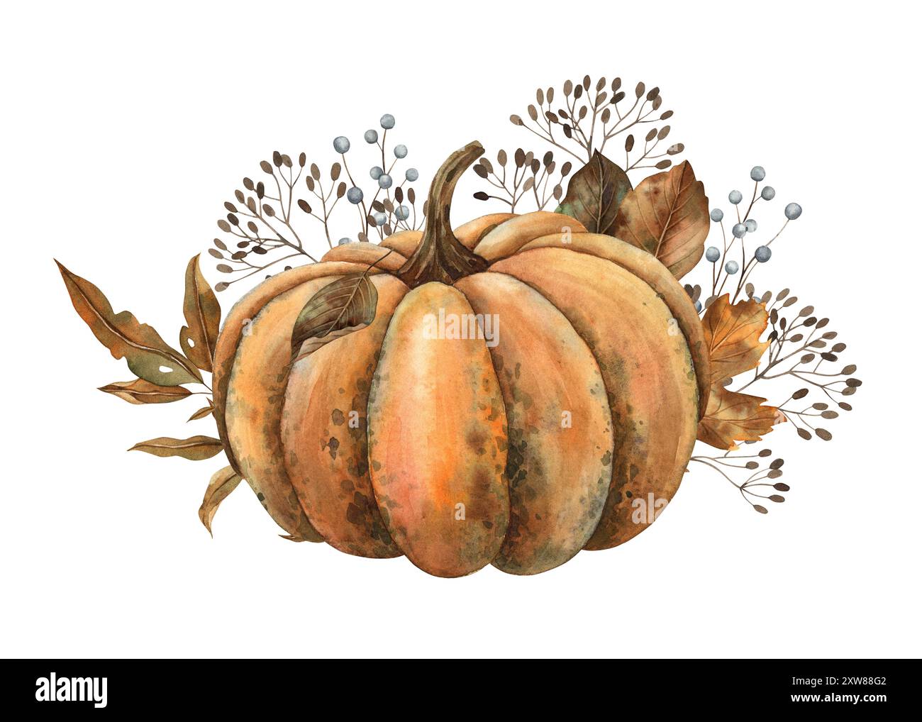 Citrouille orange avec feuilles sèches d'automne, baies, branches. Composition d'aquarelle à la main dans le style d'automne. Pour le décor, les cartes, les affiches d'automne, Thanksgiv Banque D'Images