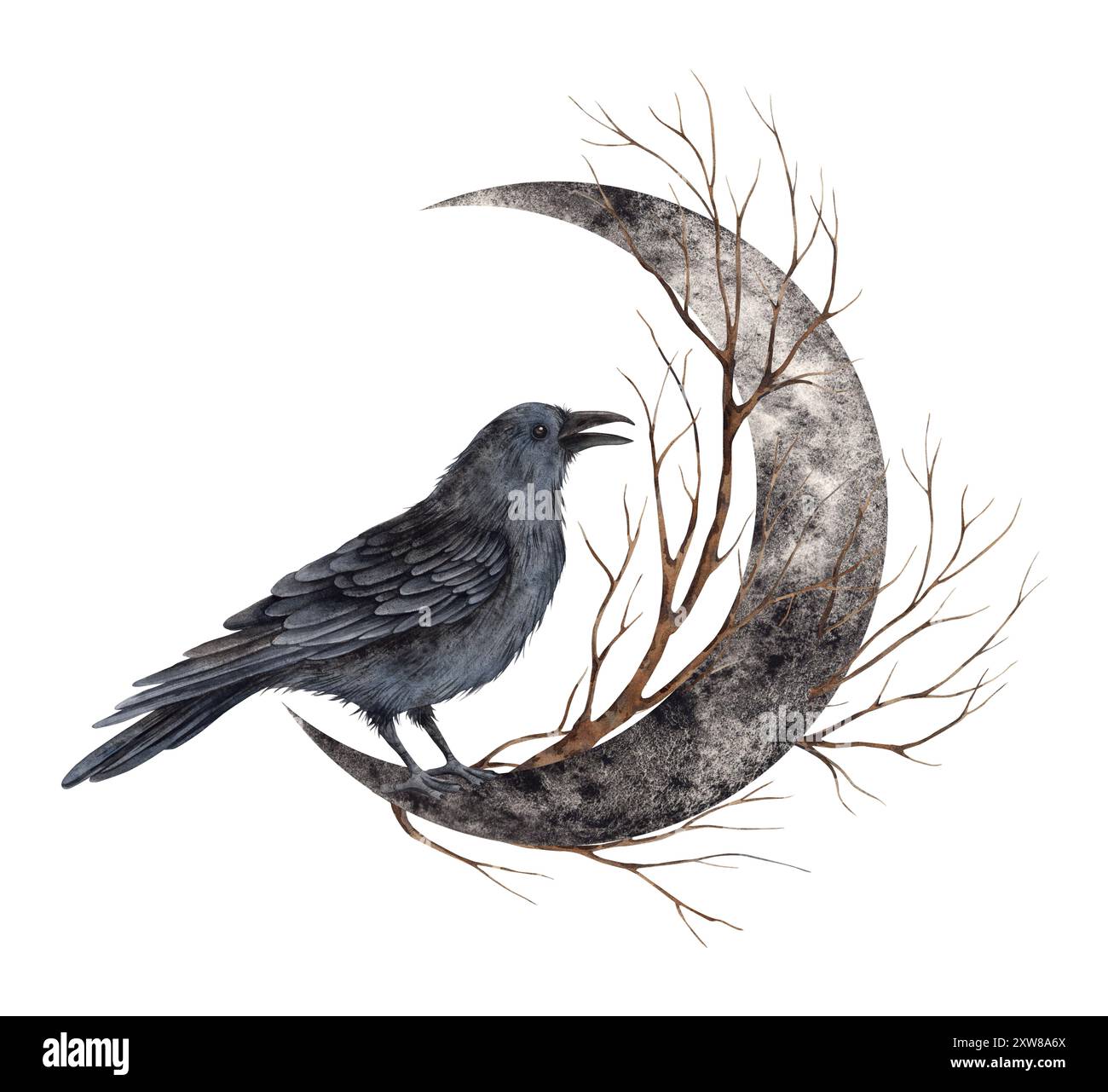 Lune noire, corbeau noir réaliste, branches sèches brunes. Illustration aquarelle dessinée à la main dans un style gothique. Convient pour les vacances et l'automne à thème desi Banque D'Images