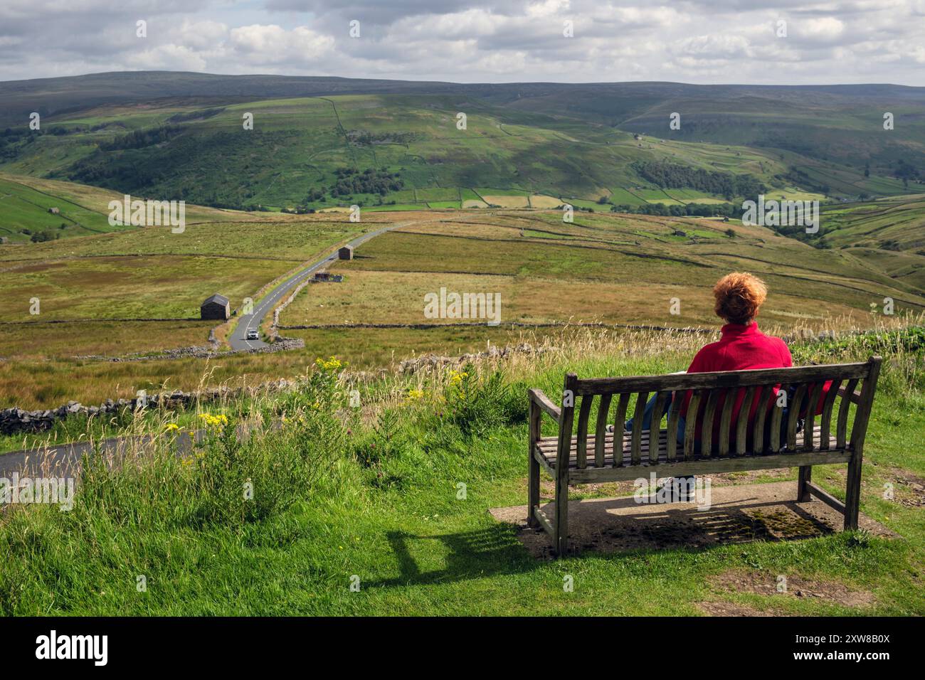 Une femme assise sur un banc pour admirer la vue de Swaledale depuis Buttertubs Pass, Yorkshire Dales National Park, North Yorkshire Banque D'Images