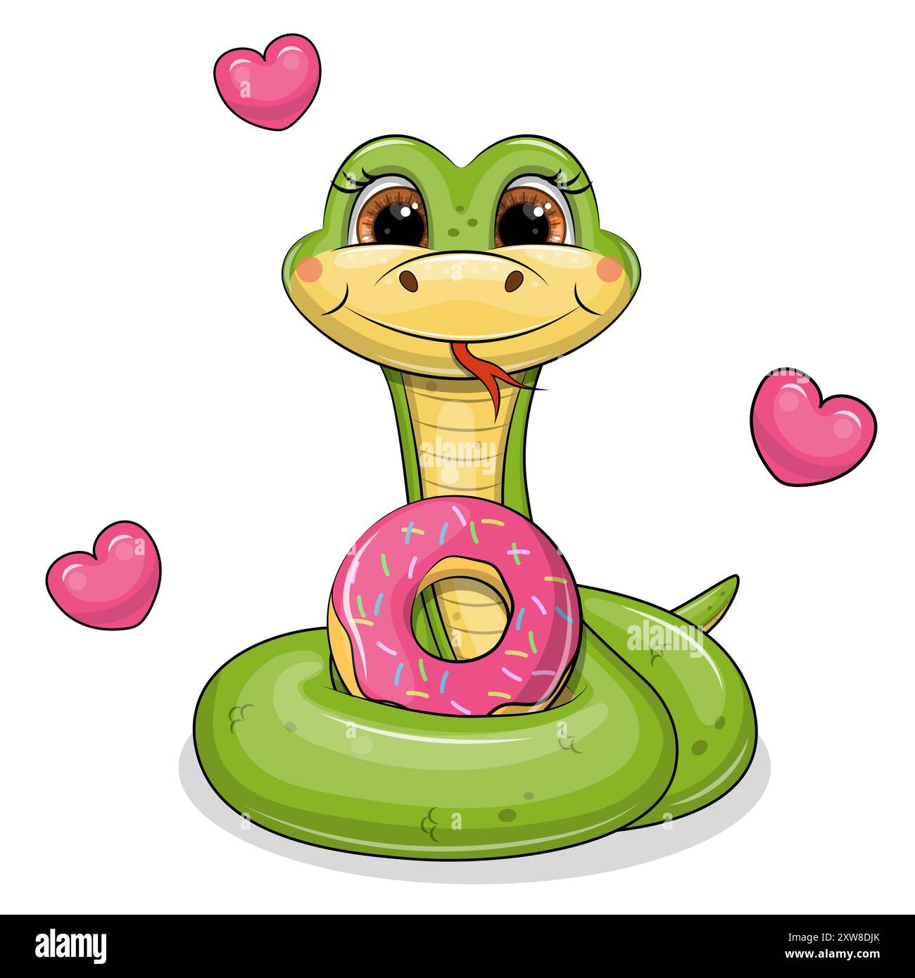 Joli serpent vert de dessin animé avec un beignet. Illustration vectorielle d'un animal avec de la nourriture sucrée et trois coeurs roses sur un fond blanc. Illustration de Vecteur