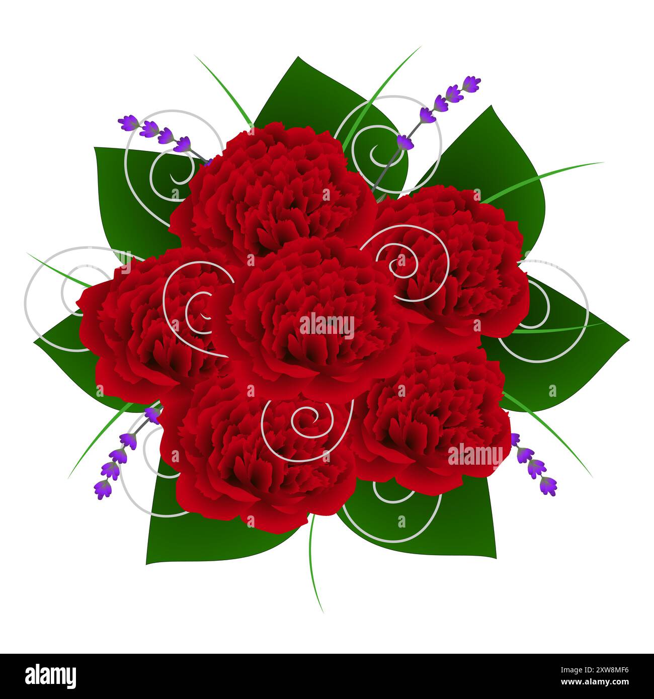 Bouquet avec pivoines rouges et fleurs de lavande avec feuilles vertes. Illustration de Vecteur