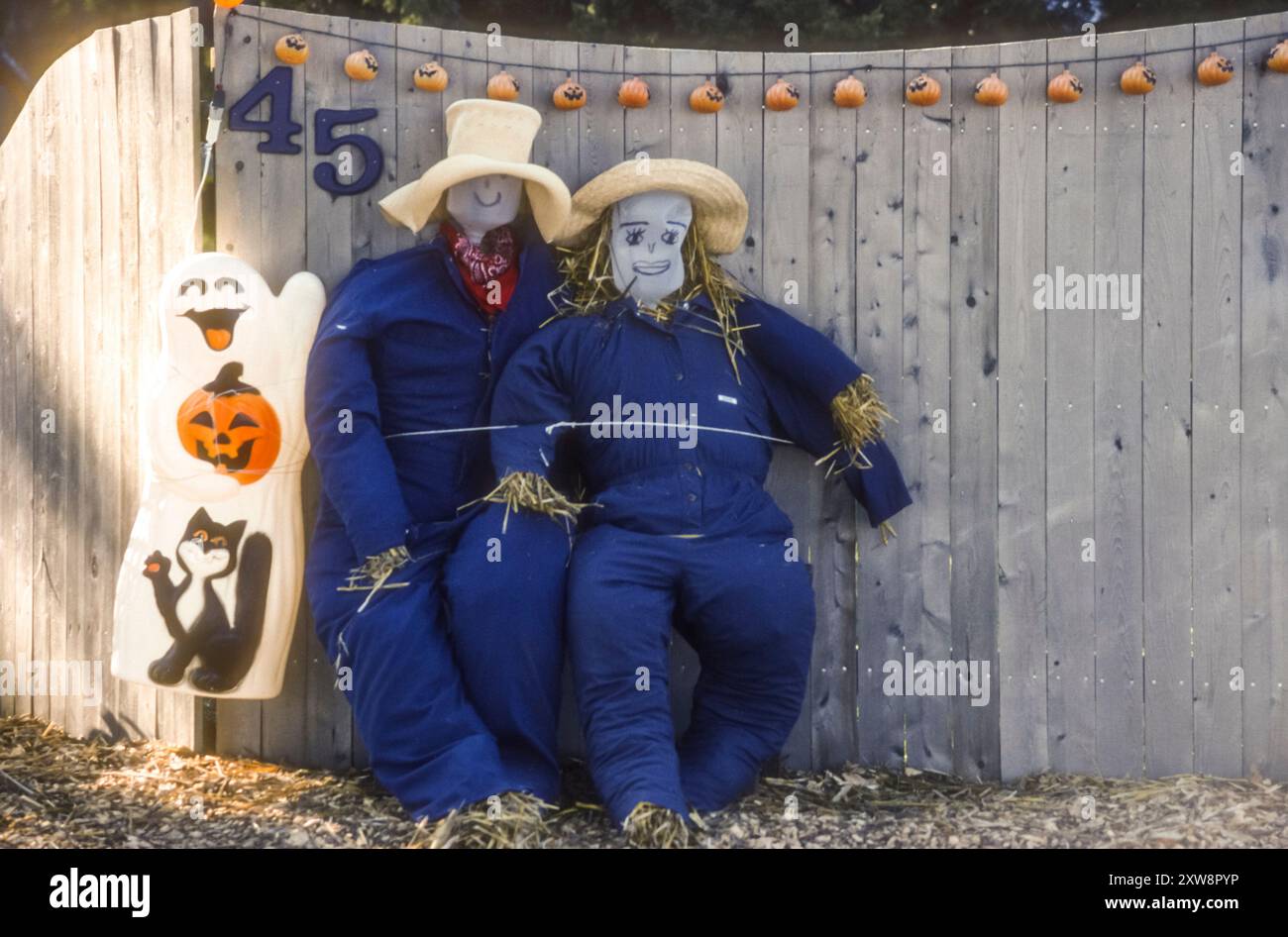 Photographie d'archives de 1996 de personnages d'épouvantail d'Halloween à Cape Cod, en Nouvelle-Angleterre. Banque D'Images