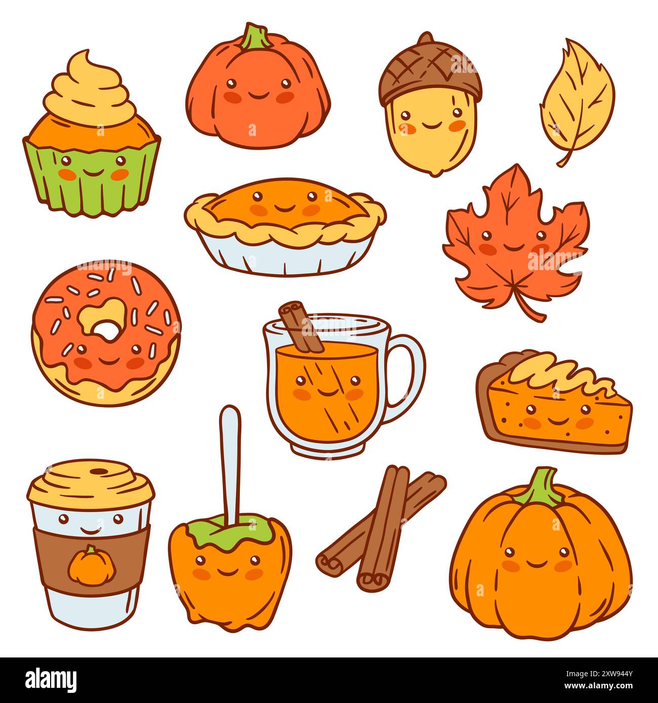 Personnages kawaii d'automne. Joyeux Thanksgiving et Halloween symboles mignons traditionnels. Illustration de Vecteur