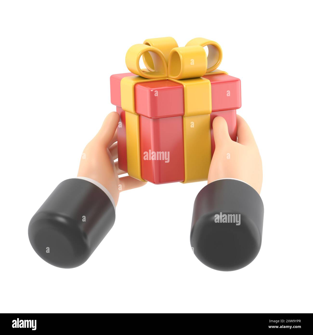 Maquette d'icône de geste de dessin animé. rendu 3d. Clip art festif isolé sur fond blanc. les mains tiennent la boîte-cadeau avec un arc doré. Icône sociale de Noël Banque D'Images