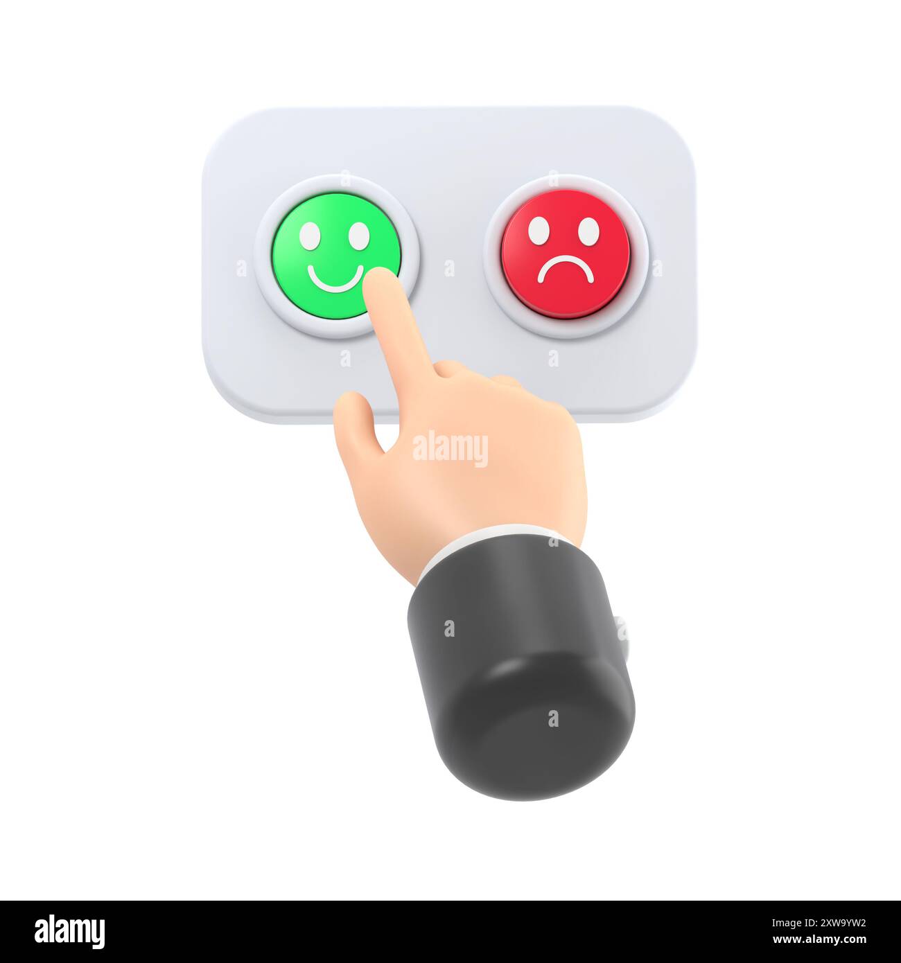 La main de dessin animé du client satisfait appuie sur le bouton vert. Clip art business ou market. Expérience positive Emotion.3D rendu sur fond blanc. Banque D'Images