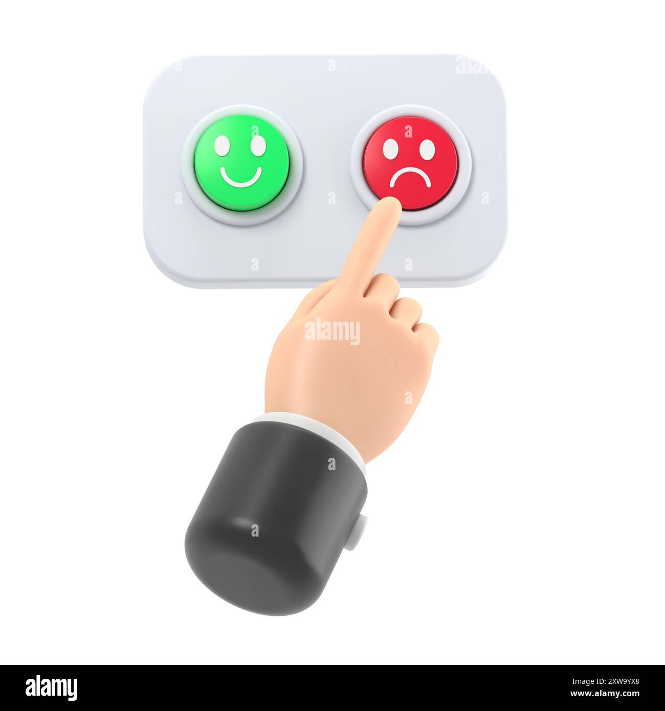 La main de dessin animé du client déçu appuie sur le bouton rouge. Clip art business ou market. Negative Experience Emotion 3d illustration.rendu 3D sur wh Banque D'Images