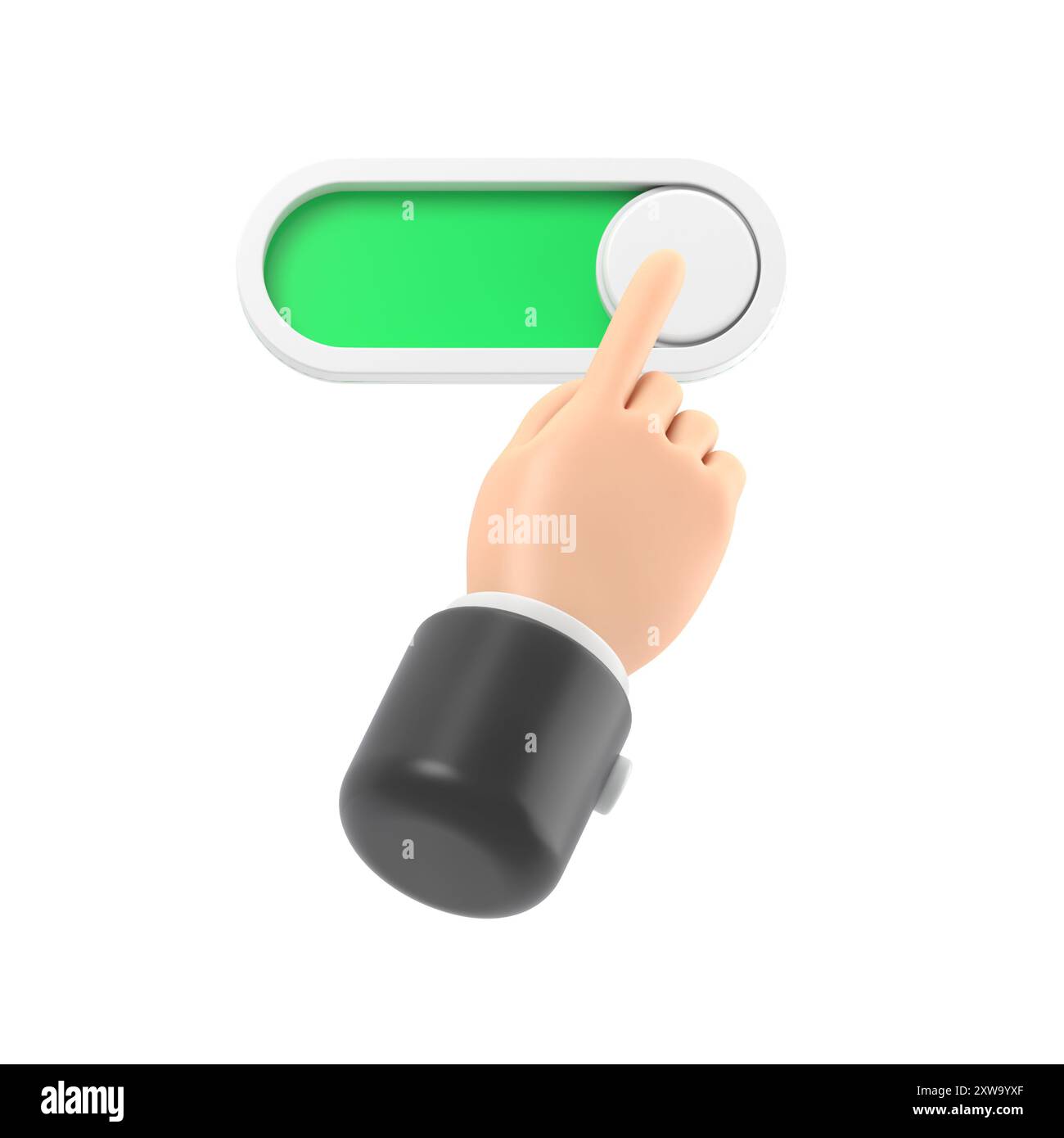 Icône de geste de dessin animé rendu Mockup.3d, main de personnage de dessin animé activant le bouton, barre de défilement icon.3D rendu sur fond blanc. Banque D'Images