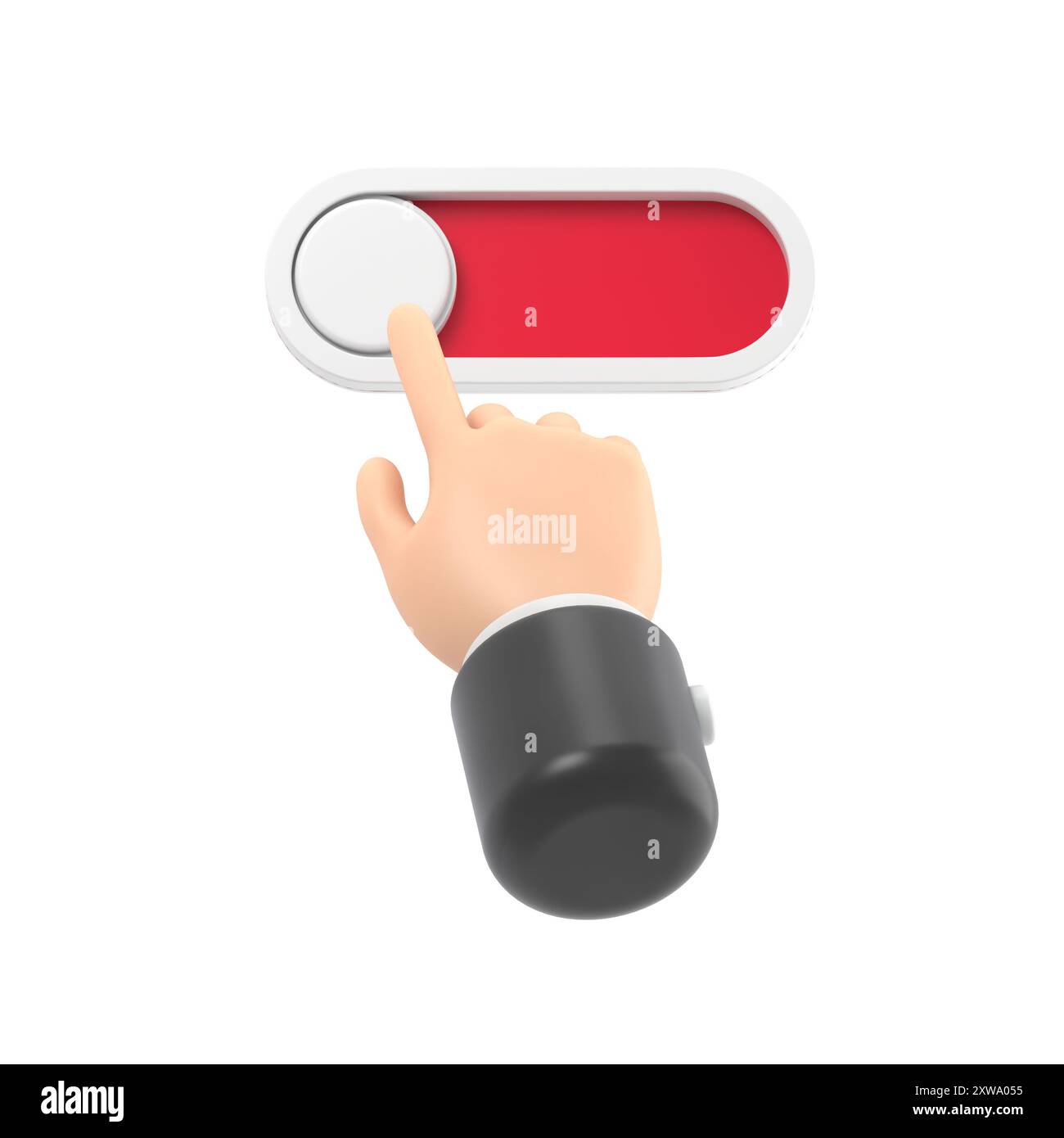 Icône de geste de dessin animé rendu Mockup.3d, la main de personnage de dessin animé touche le bouton de curseur, barre de défilement, On Off Switcher icon.3D rendu sur fond blanc. Banque D'Images