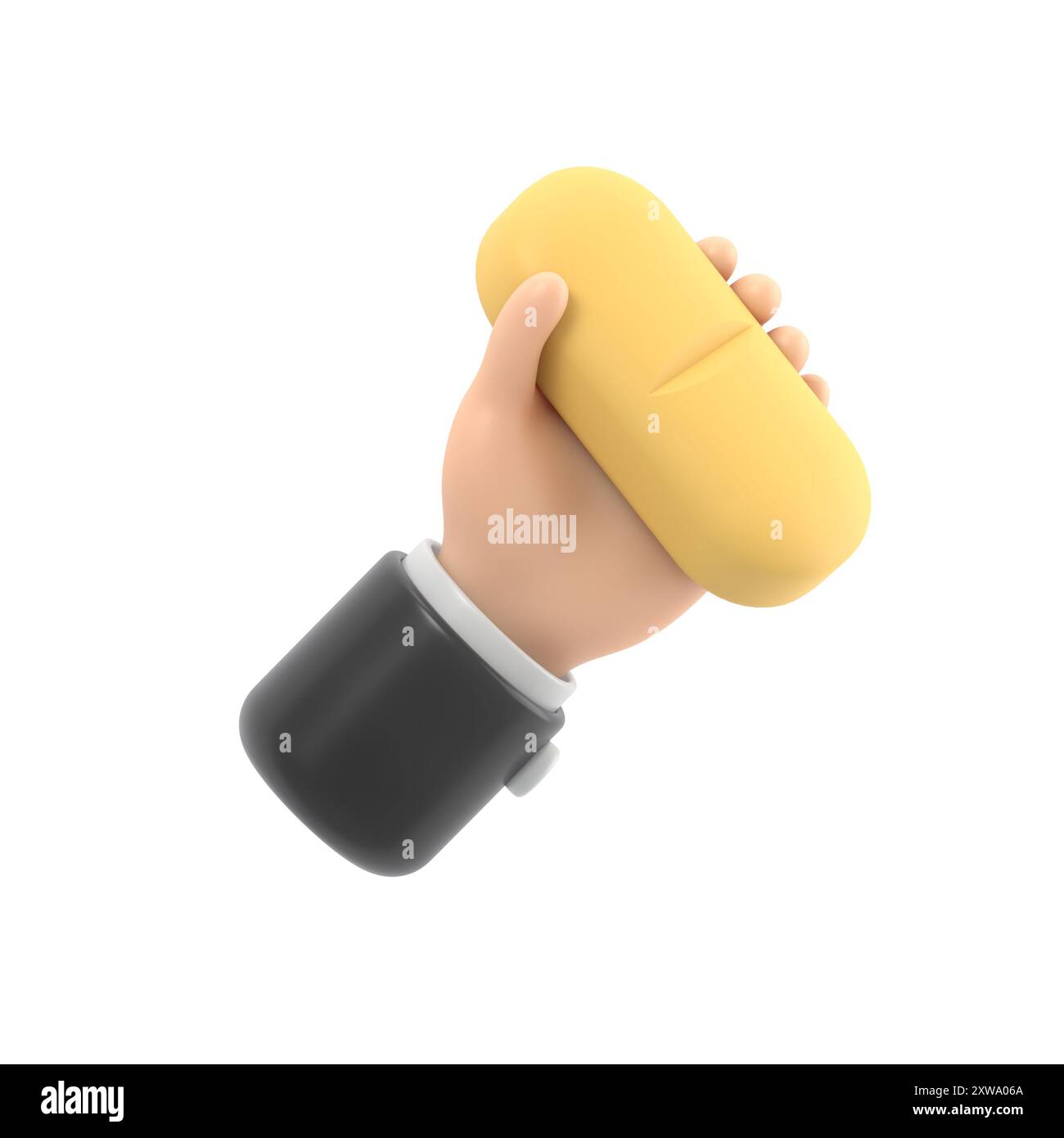 rendu 3d. La main de dessin animé du médecin ou du pharmacien tient une grosse pilule bleue. Icône médicale, illustration de soins de santé. Clip pharmaceutique art.3D rendu sur blanc Banque D'Images