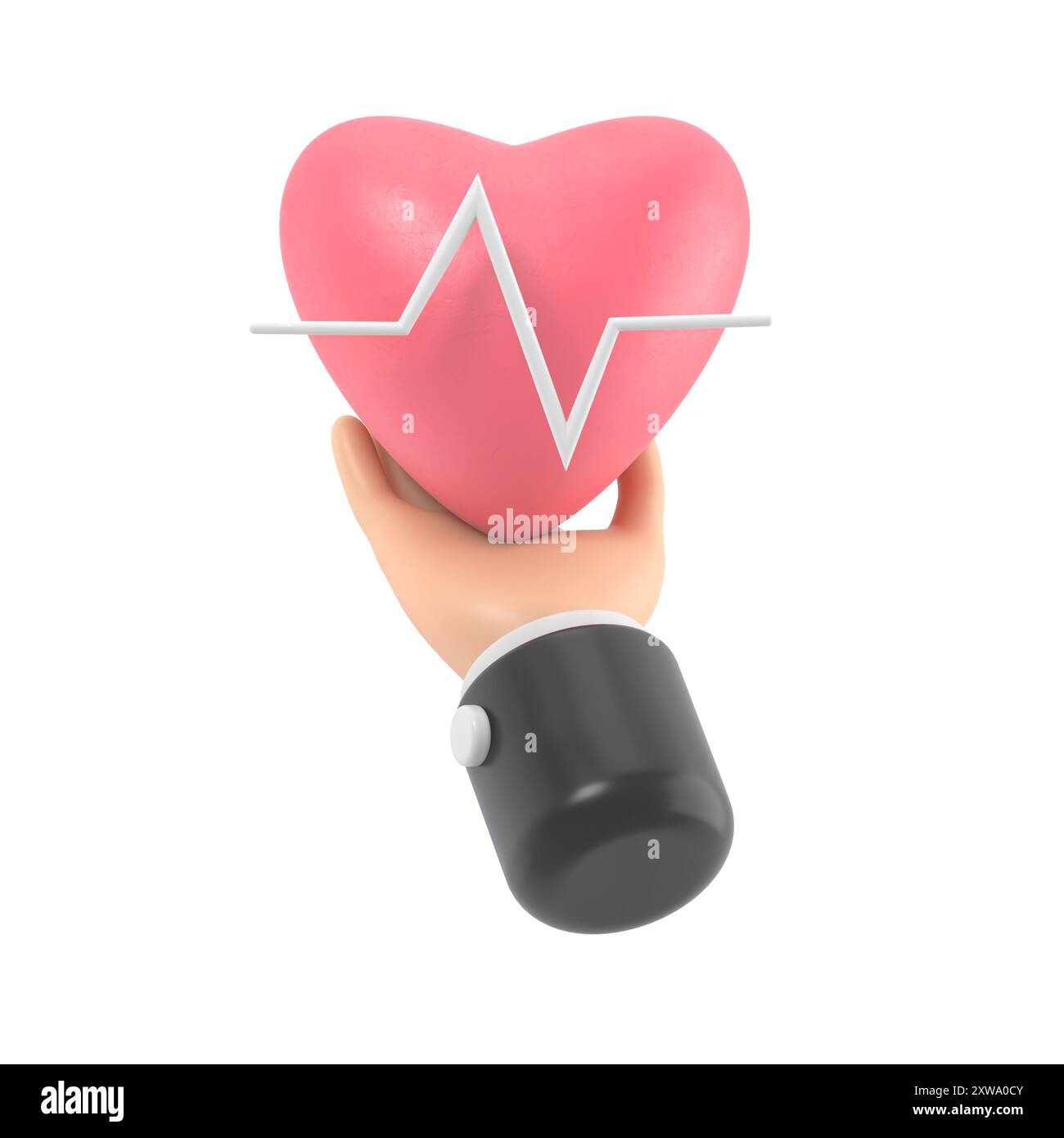 rendu 3d. Icône de fréquence cardiaque médicale. Médecin ou cardiologue bande dessinée main tenant le coeur avec la ligne de graphique. Illustration de la santé. Clip cardiogramme art.3D. Banque D'Images