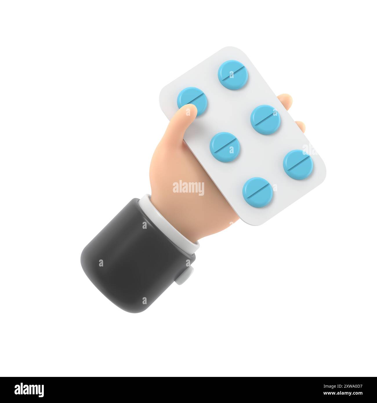 rendu 3d. Icône paquet de pilules. Main de dessin animé de médecin ou de pharmacien avec la peau noire tenant des médicaments. Illustration médicale de santé. Clip pharmaceutique A. Banque D'Images