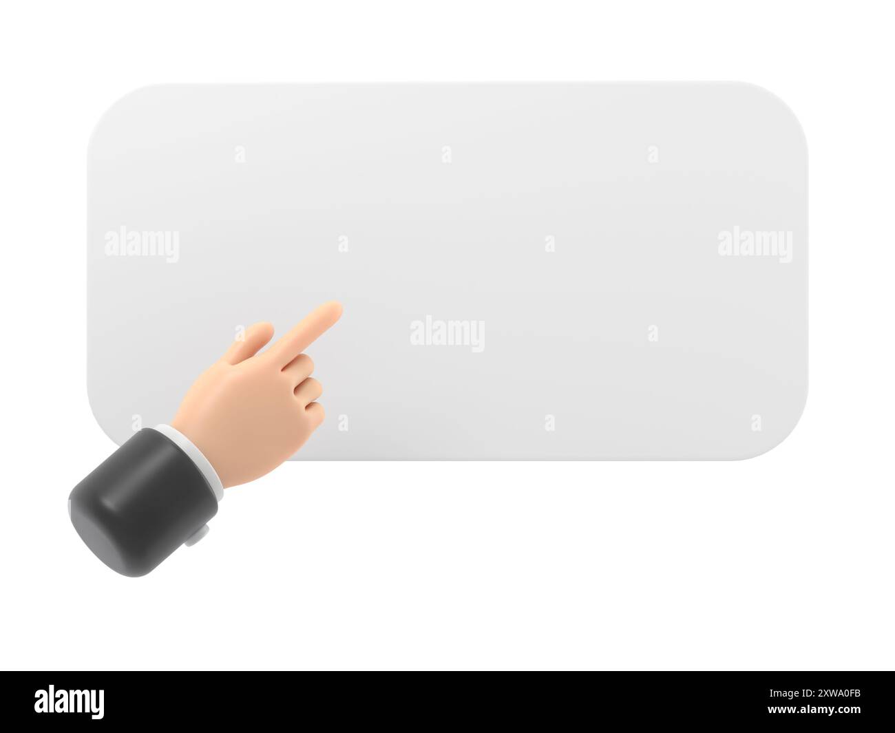 Homme d'affaires de personnage de dessin animé à main flexible pointant du doigt sur la maquette de bannière vide, montre à bord, affiche ou message. Drôle clip art.3D rendu sur W Banque D'Images