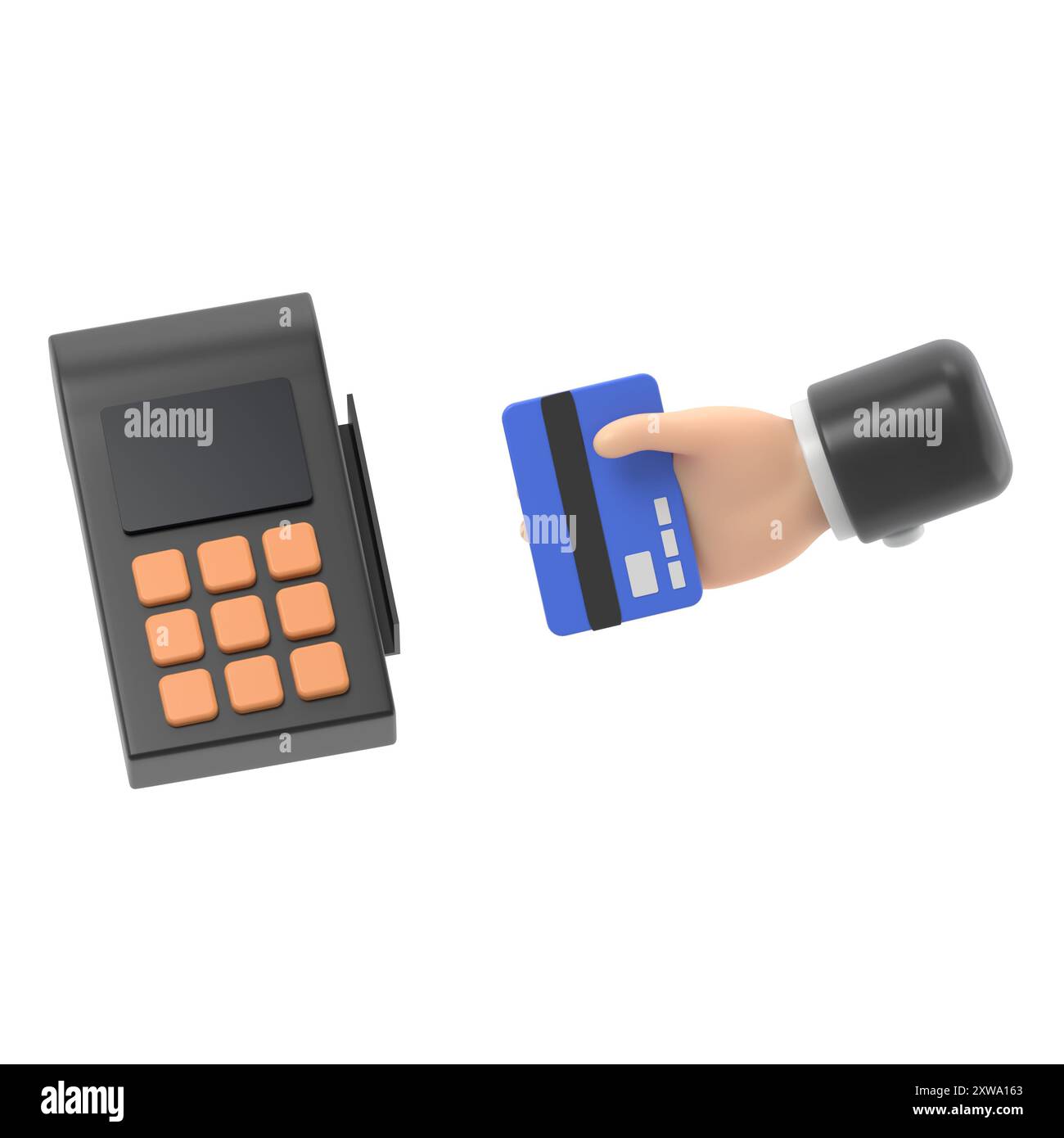 Main de dessin animé tenant carte de crédit et terminal de paiement. Terminal POS avec chèque. Transactions financières concept.3D rendu sur fond blanc. Banque D'Images