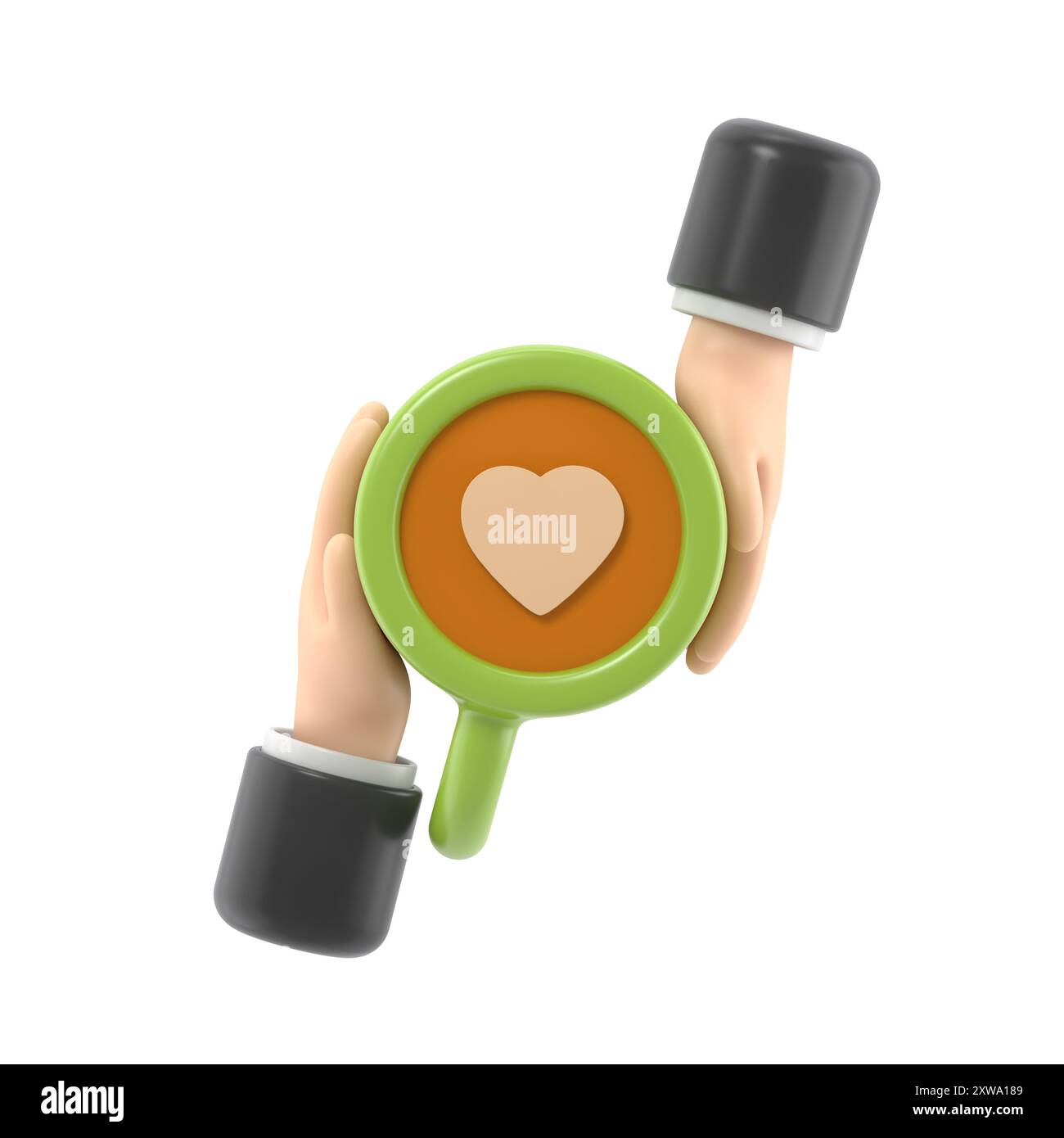 Couple dans les femmes d'amour et l'homme tenant le café de tasse avec le symbole de forme de coeur de chocolat. Bonne Saint Valentin. Modèle pour le rendu carte de voeux.3D sur W Banque D'Images