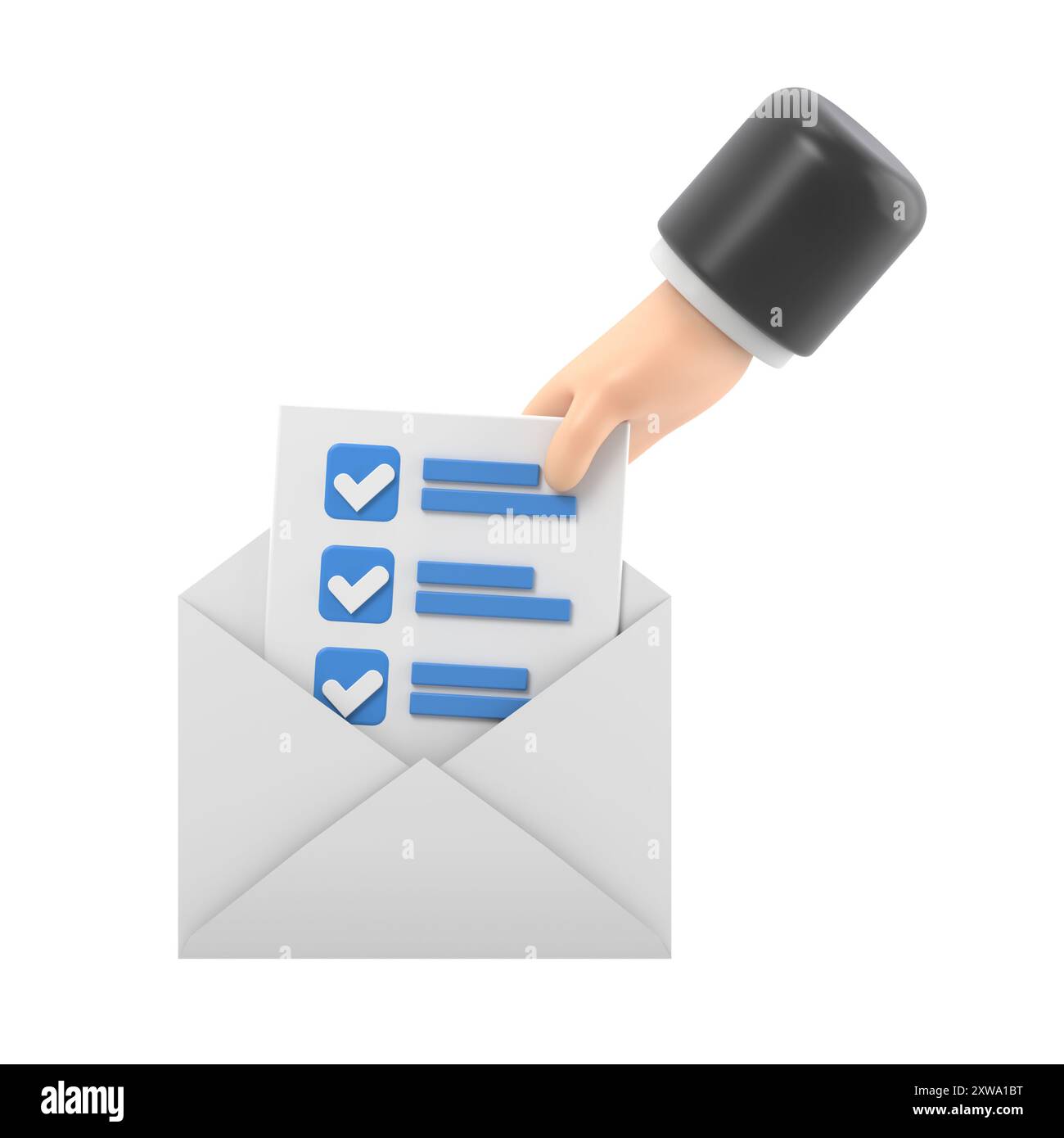 icône d'enveloppe de courrier 3d avec liste de contrôle de tâches de gestion dans la main. Lettre e-mail minimale avec lettre papier lu, devoir et examen. message c Banque D'Images