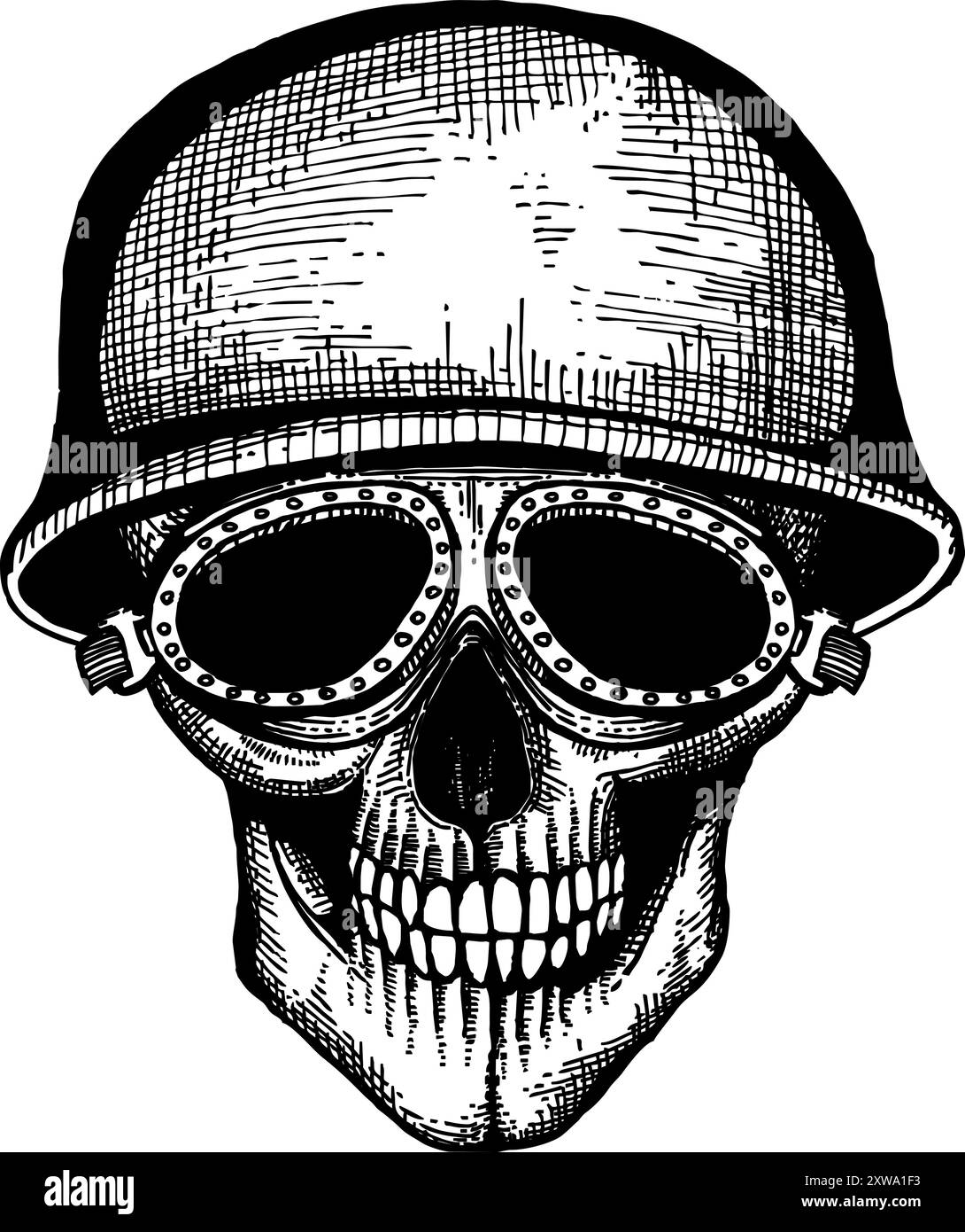 Crâne humain dans un casque métallique. Gravure de tatouage de soldat Illustration de Vecteur