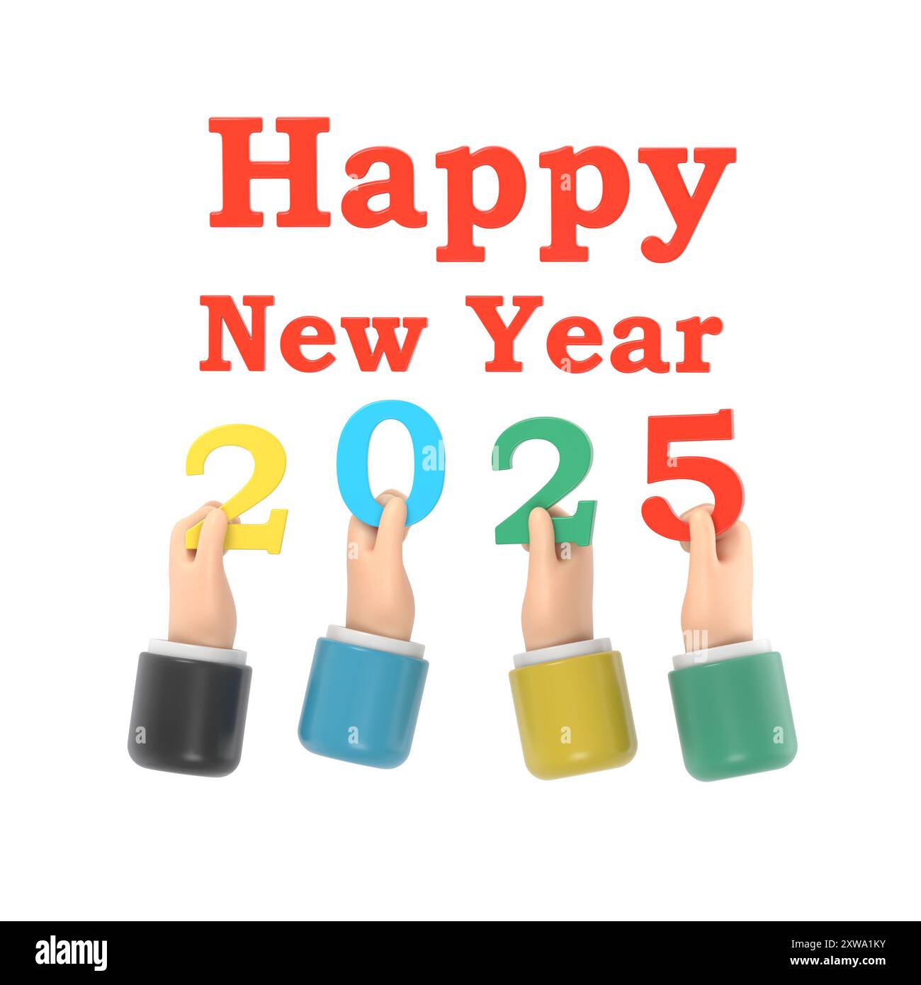 Bonne année 2025. Les hommes d'affaires de l'équipe détenant les numéros 2025, et le texte félicitations, Greetings.3D rendu sur fond blanc. Banque D'Images