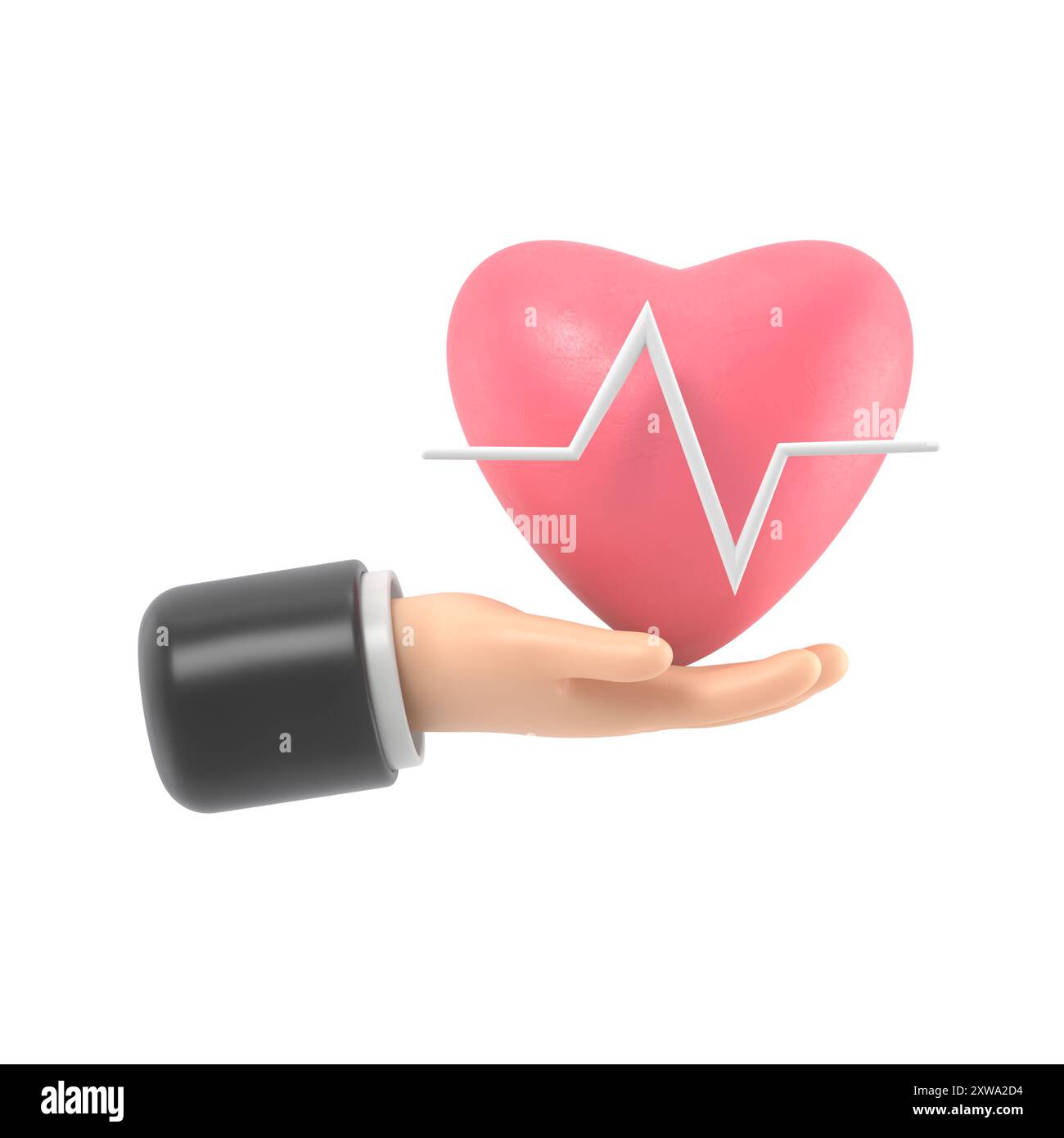 rendu 3d. Icône de fréquence cardiaque médicale. Médecin ou cardiologue main de dessin animé tenant le cœur avec la ligne de la carte. Healthcare illustration.rendu 3D sur blanc b Banque D'Images