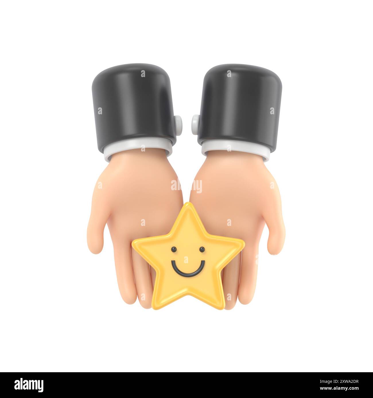 Main tenant l'étoile jaune visage de sourire heureux, bonne note de rétroaction, avis positif, sondage de satisfaction, évaluation de la santé mentale, bien-être enfant, monde Banque D'Images