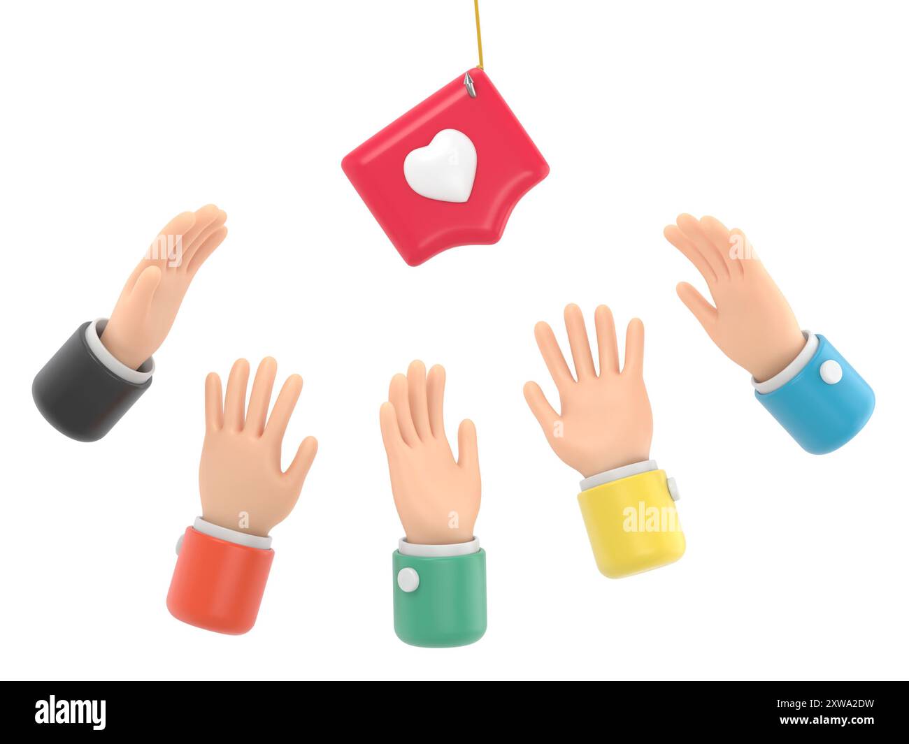 Mains atteignant une épingle comme avec un coeur sur un crochet. Métaphore sociale, révélant le concept de manipulation d'opinion et de cupidité.rendu 3D sur whit Banque D'Images