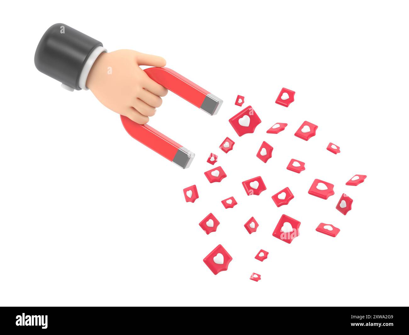 Aimant de maintien de main humaine avec coeur d'épingle. Concept de concept d'attirer un public. Métaphore SMM, révélant le concept de rendu followers.3D. Banque D'Images
