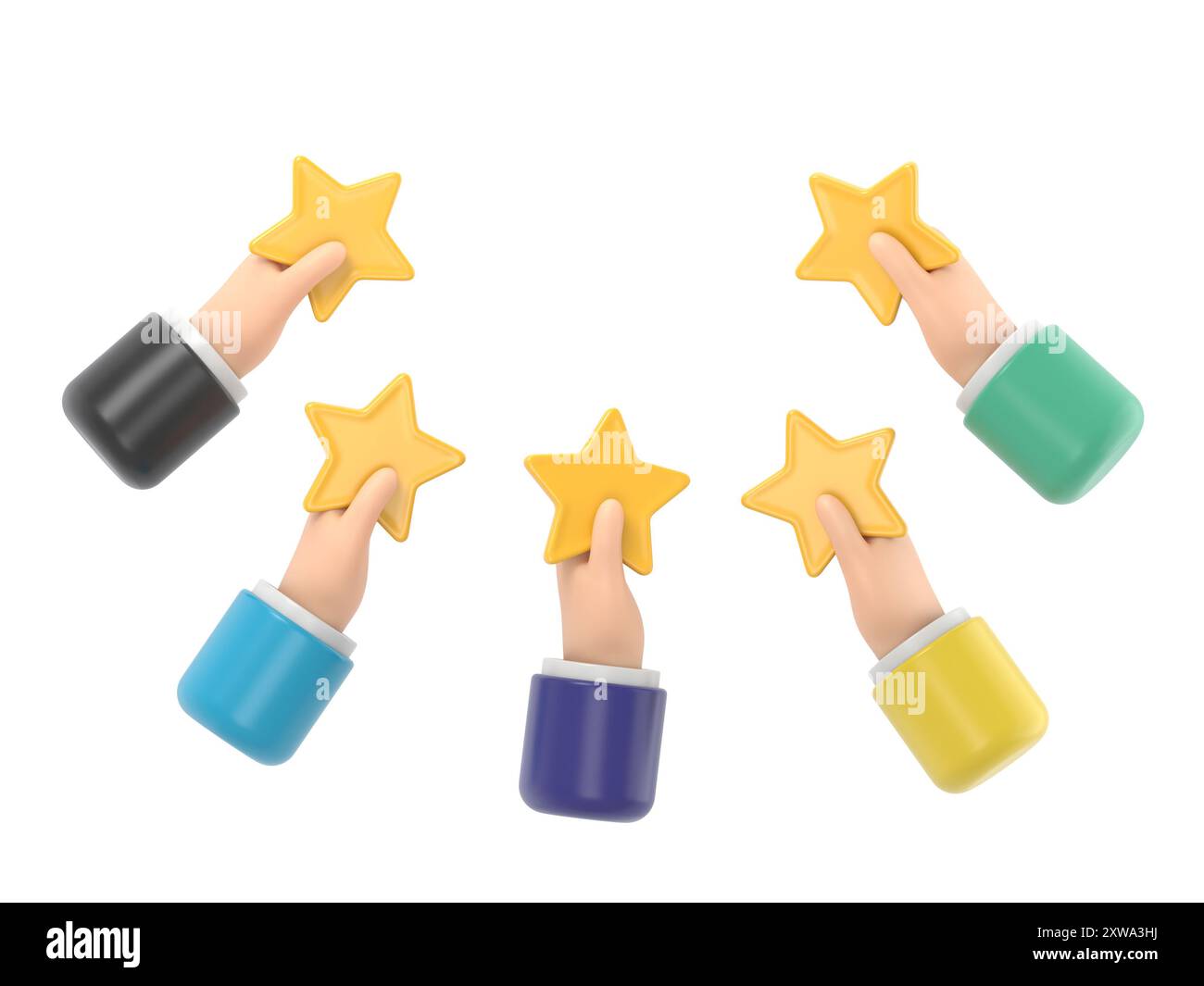 Personnages de personnes qui donnent un feedback cinq étoiles. Les clients qui choisissent le taux de satisfaction et laissent un avis positif. Service client et expérience utilisateur Co Banque D'Images