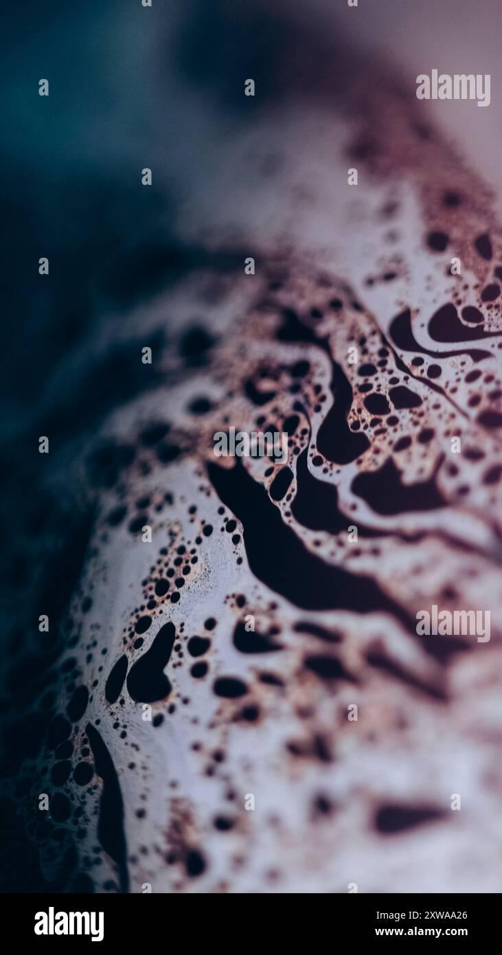 Encre acide. Liquide bulle. Onde de fluide chimique de texture pétillante bleue défocalisée sur fond d'art abstrait noir foncé. Banque D'Images