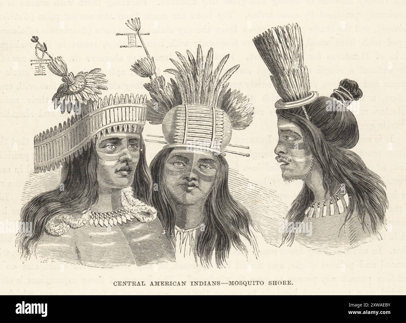 Amérindiens de Californie en coiffes pour un spectacle de danse. Ils portent des coiffes en plumes bleues et jaunes élaborées, de la peinture pour le visage et des bijoux. (Mal étiqueté Indiens d'Amérique centrale, Mosquito Shore.) D'après une illustration de Louis Choris dans voyage pittoresque autour du monde, 1822. Gravure sur bois de Robert Brown les races de l’humanité, Cassell, Petter et Galpin, Londres, 1873. Banque D'Images