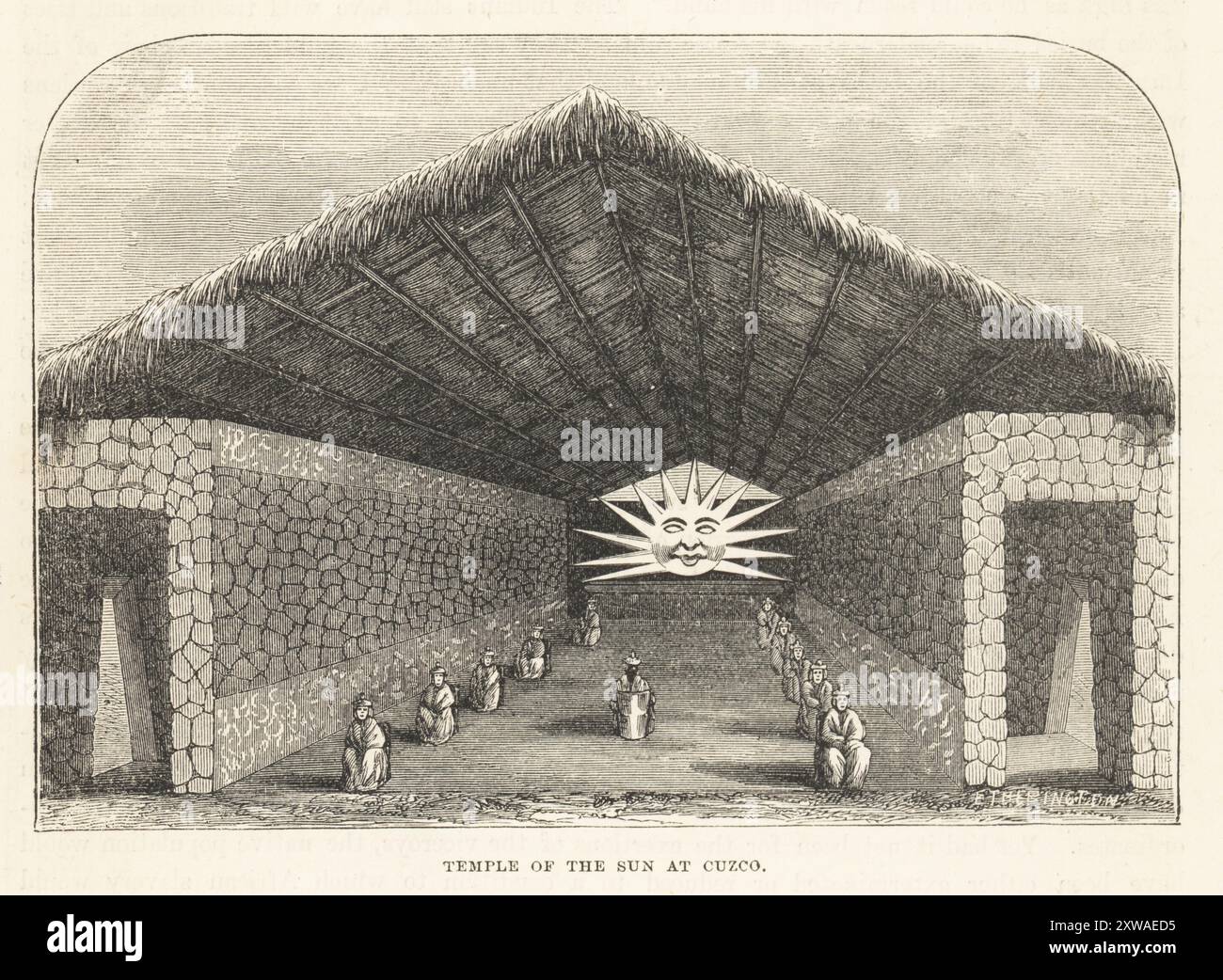 Le Temple d'Or ou Coricancha à Cusco, au Pérou, capitale de l'Empire Inca. Construit avec des murs de maçonnerie de ashlar sous un toit en bois. Grand prêtre et d'autres prêtres effectuent un rituel. D'après une illustration d'Edouard Riou dans la revue le Tour du monde, Paris, 1863. Temple du Soleil à Cuzco. Gravé sur bois par Etherington dans The races of Mankind de Robert Brown, Cassell, Petter et Galpin, Londres, 1873. Banque D'Images