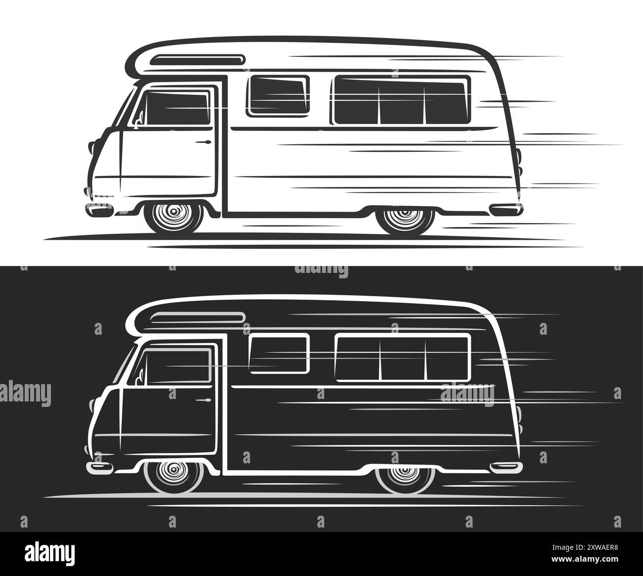 Logo vectoriel pour Vintage Camper Van, bannières automobiles avec illustration de silhouette de campervan classique monochrome en mouvement, illustration décorative de R Illustration de Vecteur