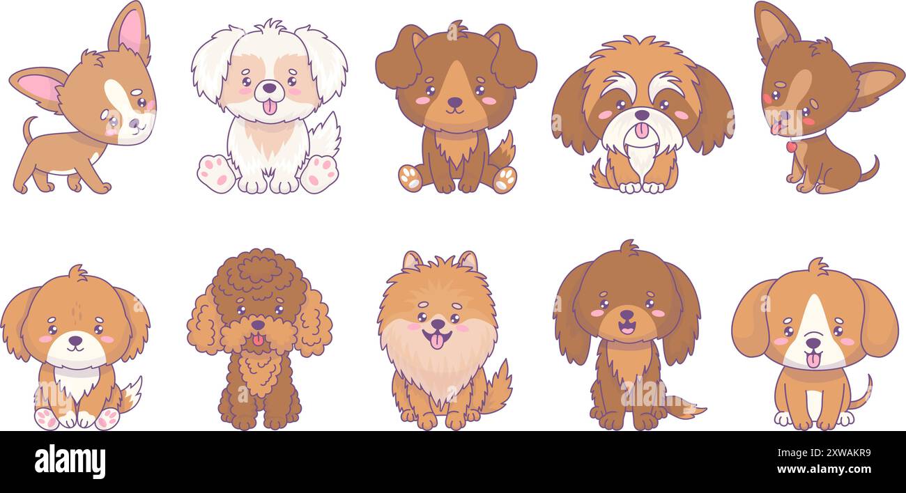 Chiens mignons de différentes races collection. Animal drôle de chihuachua, mongrel, spitz, caniche, Pinscher, Shih Tzu. Animal kawaii de dessin animé isolé. Vecteur Illustration de Vecteur