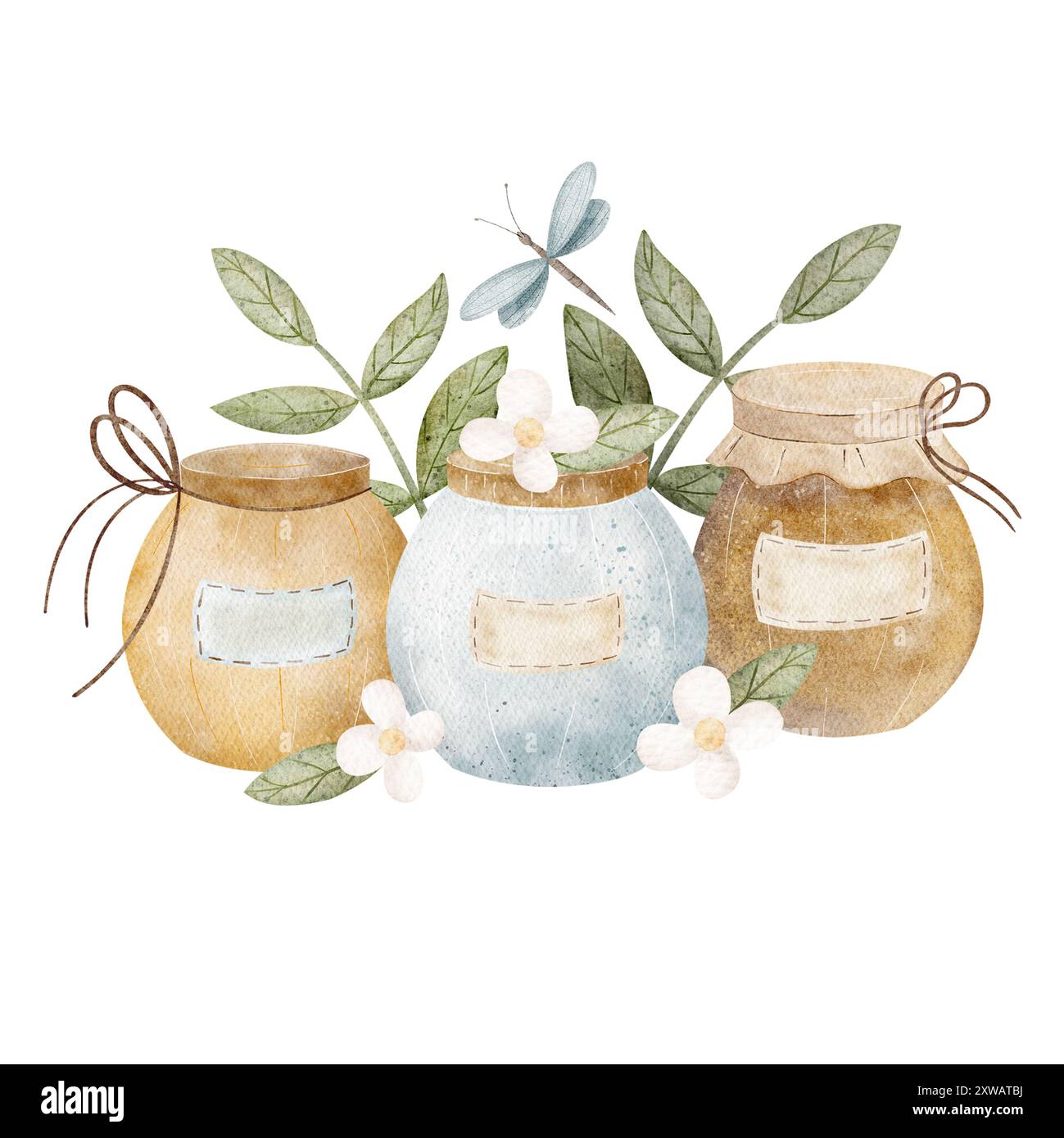 Pots un pot de miel avec une libellule en feuilles et fleurs. Illustration aquarelle dans le style de dessin animé est dessinée à la main. Composition isolée du Banque D'Images