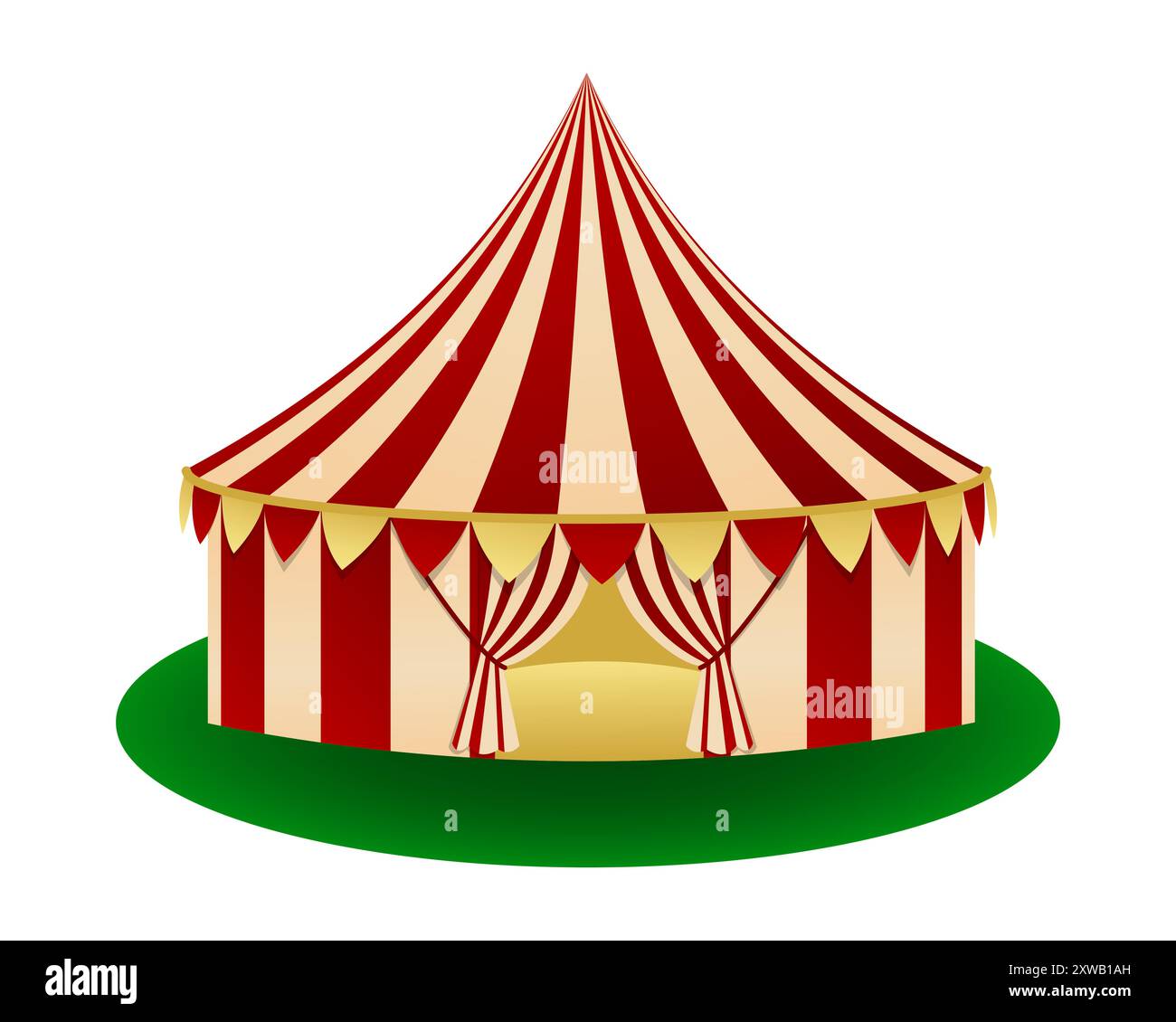 Tente de cirque rouge et jaune traditionnelle avec motif rayé et entrée ouverte. Tente de carnaval sur un terrain circulaire vert. Pour affiches, cartes, billets Illustration de Vecteur