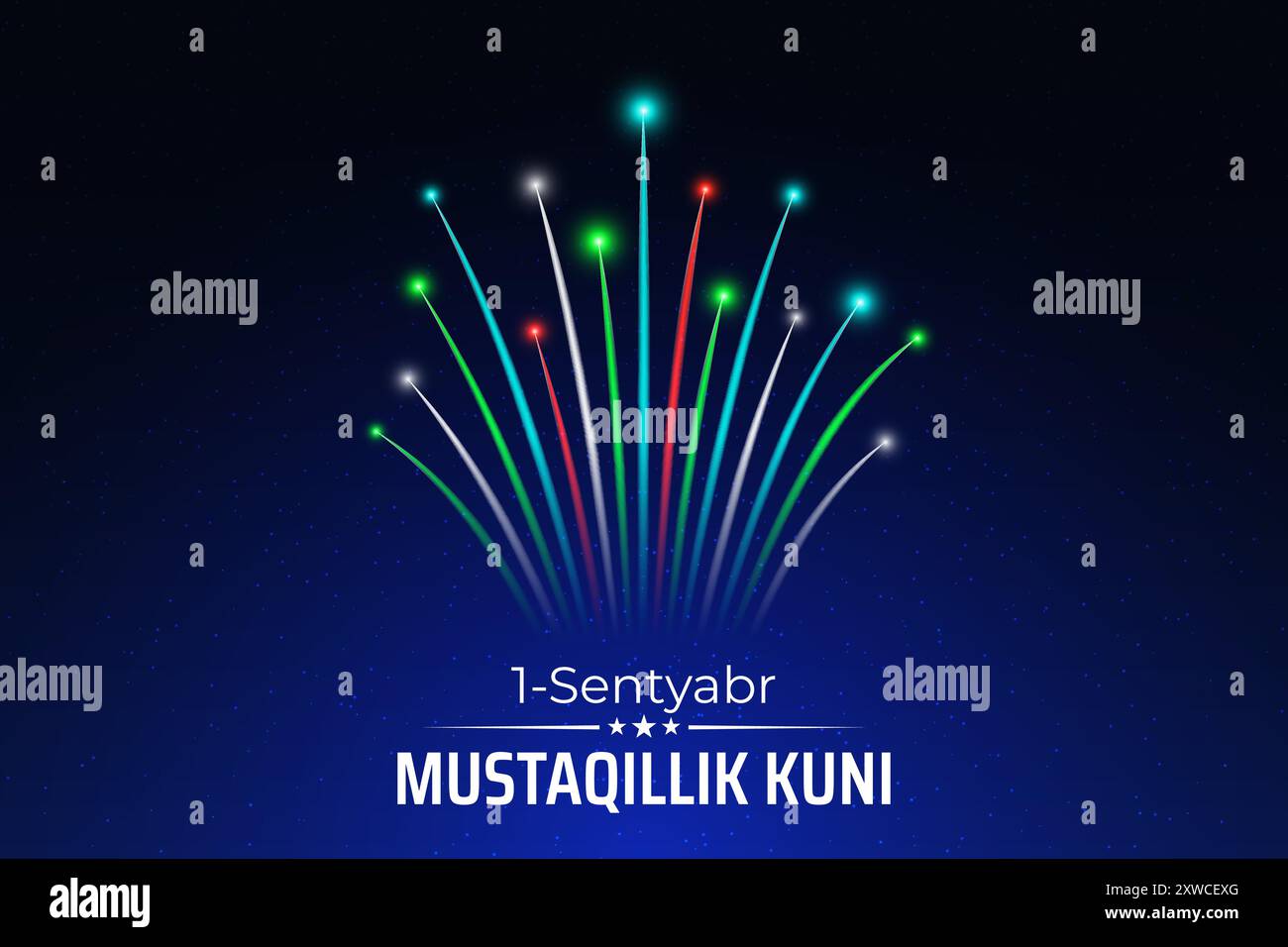 1 septembre, jour de l'indépendance de l'ouzbékistan, drapeau de feu d'artifice coloré ouzbek sur fond bleu de ciel nocturne. Fête nationale ouzbékistan. Carte de voeux Illustration de Vecteur