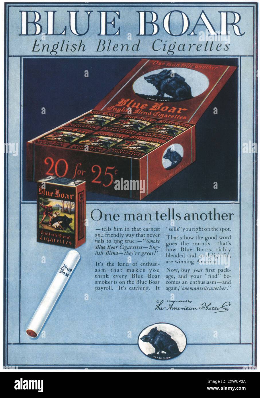 1923 Blue Boar English Blend cigarettes ad Banque D'Images