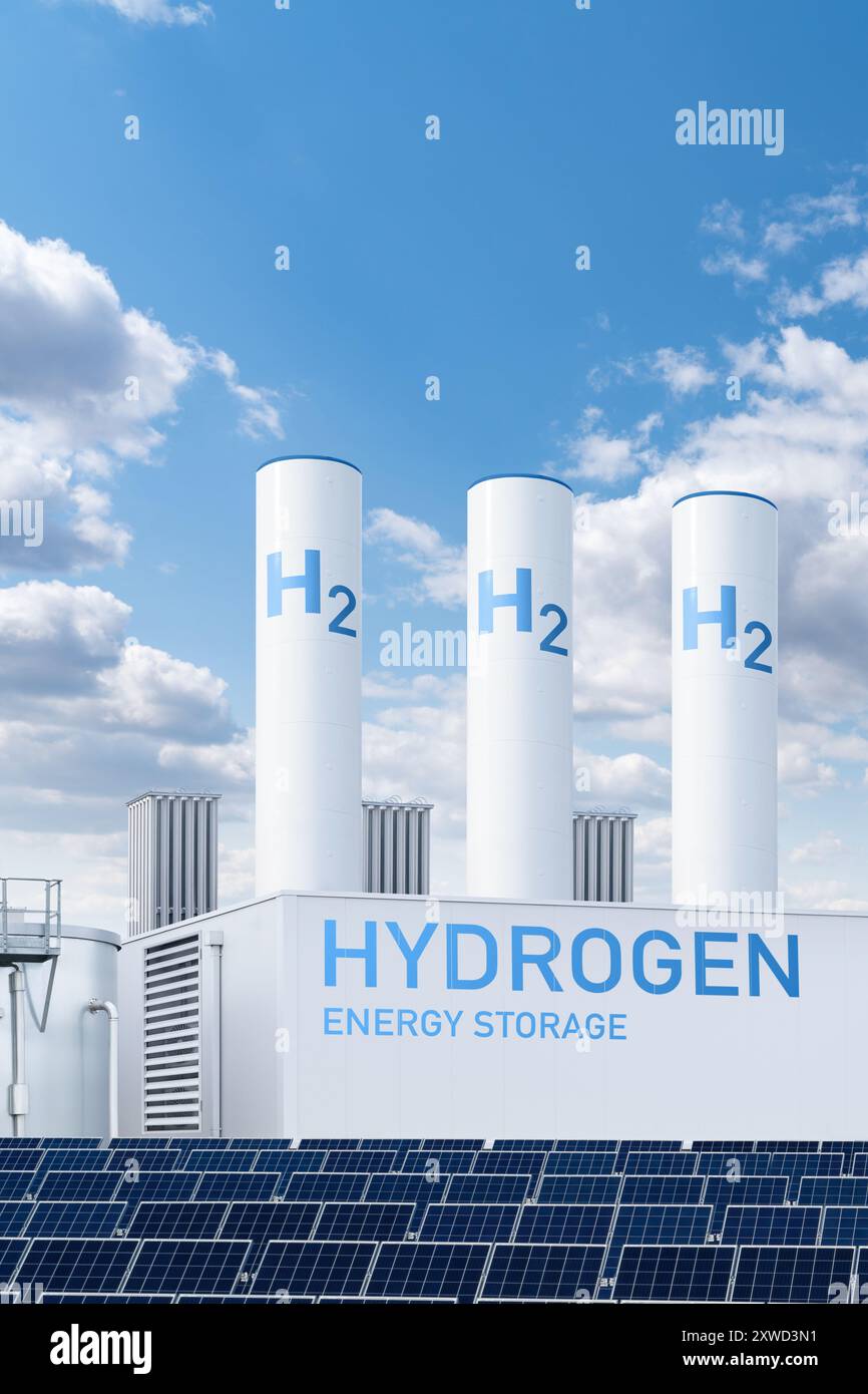 Usine d'hydrogène avec concept de stockage d'énergie. Production d'hydrogène vert à partir de sources d'énergie renouvelables.. Banque D'Images